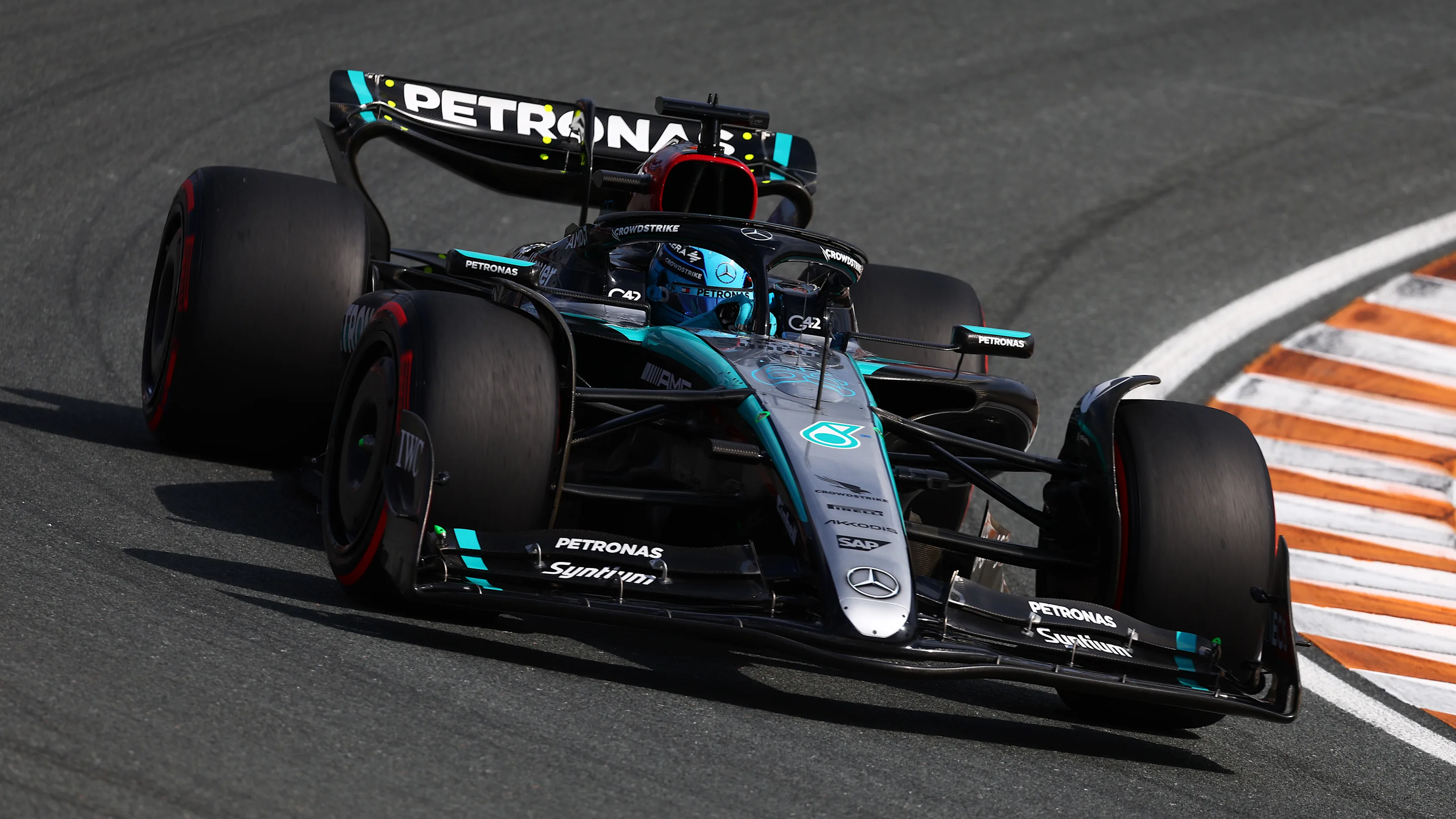 ZANDVOORT, NETHERLANDS - AUGUST 24: George Russell of Great Britain driving the (63) Mercedes AMG