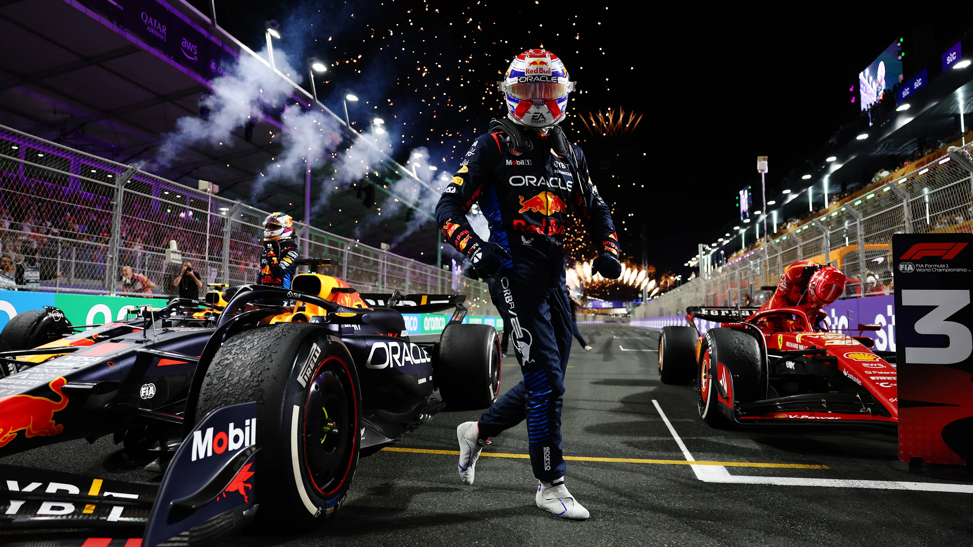 JEDDAH, SAUDI ARABIA - MARCH 09: Race winner Max Verstappen of the Netherlands and Oracle Red Bull