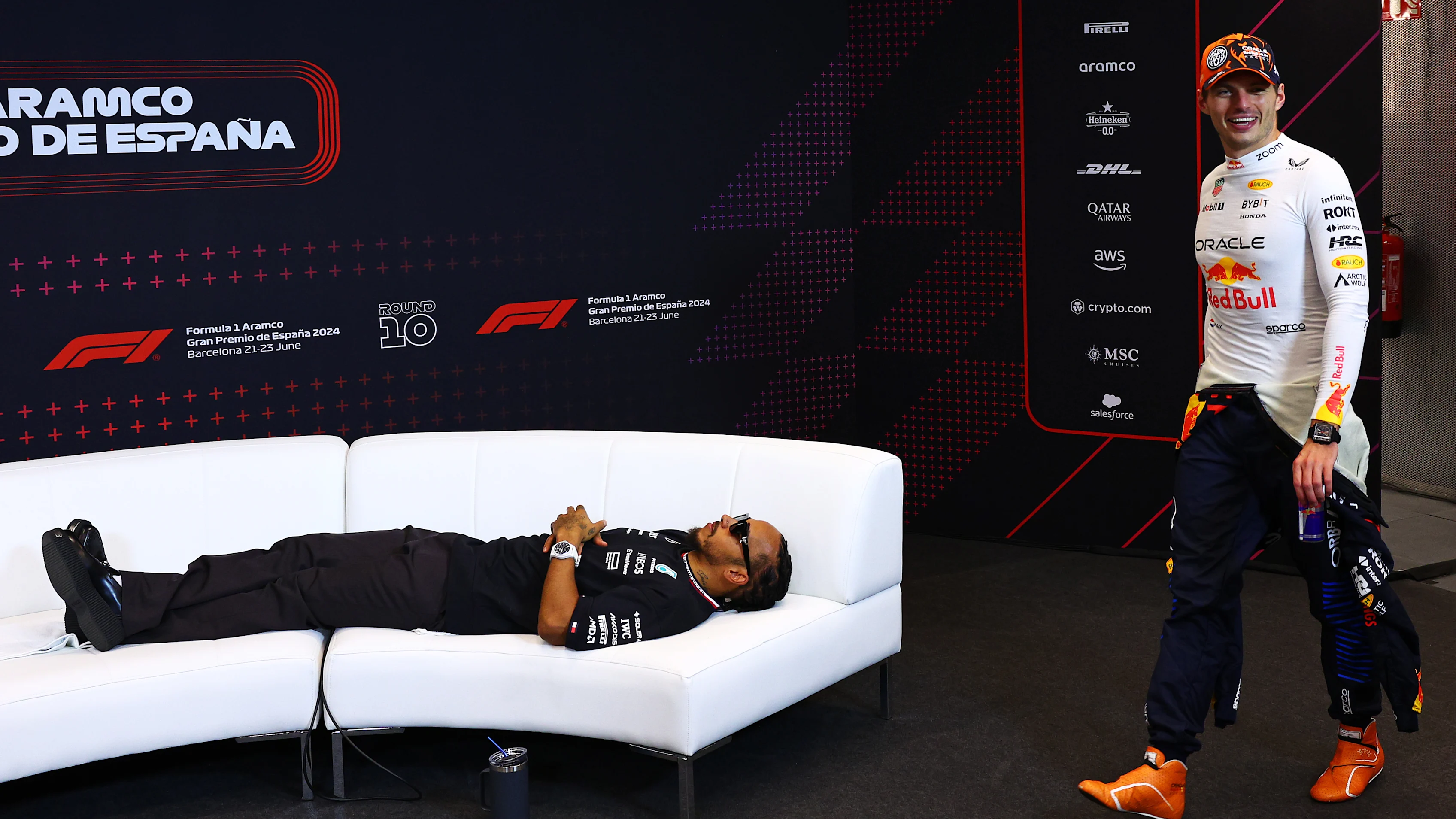 BARCELONA, SPAIN - JUNE 23: Third placed Lewis Hamilton of Great Britain and Mercedes lies on the