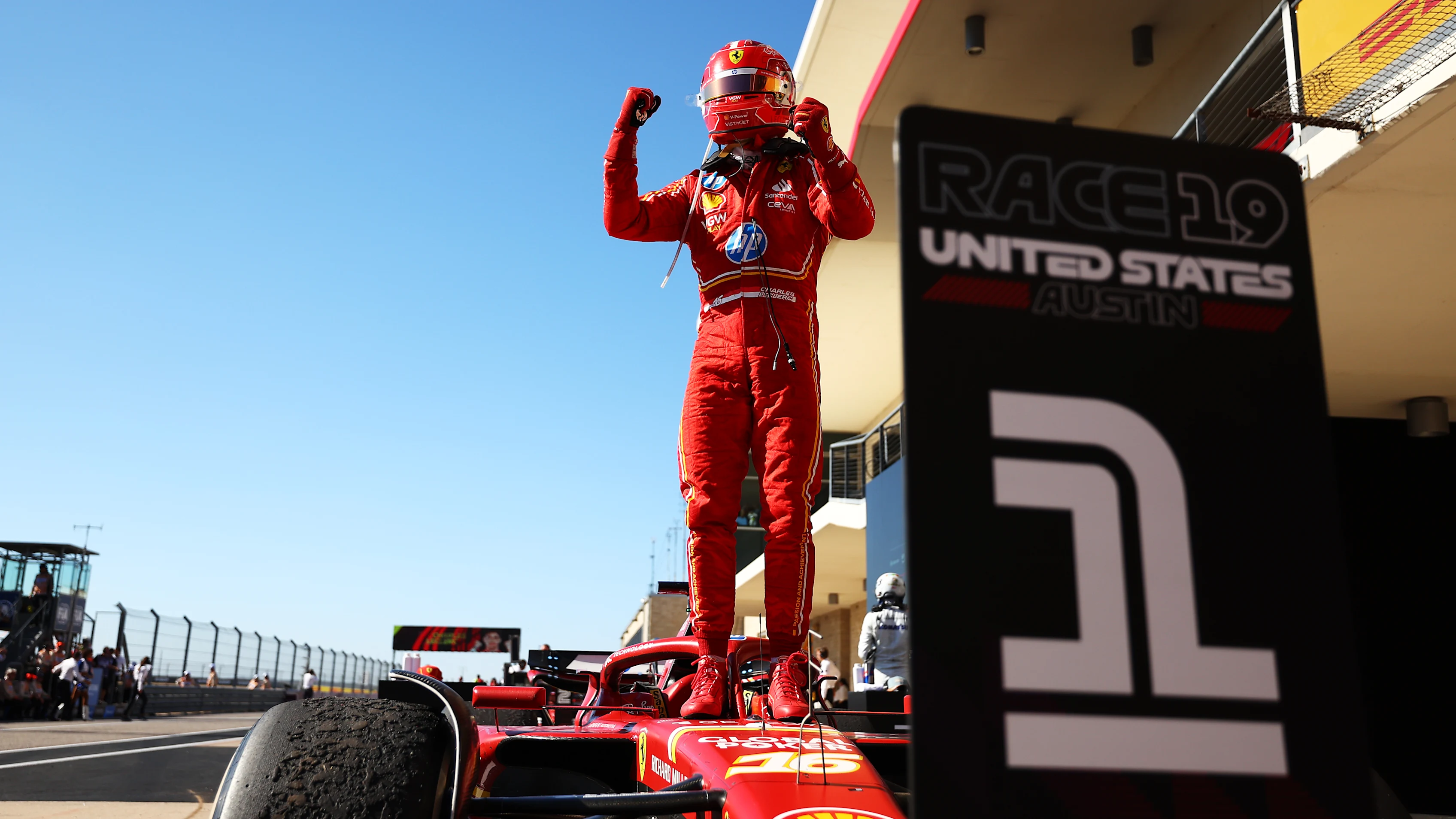 AUSTIN, TEXAS - OCTOBER 20: Race winner Charles Leclerc of Monaco and Ferrari celebrates in parc