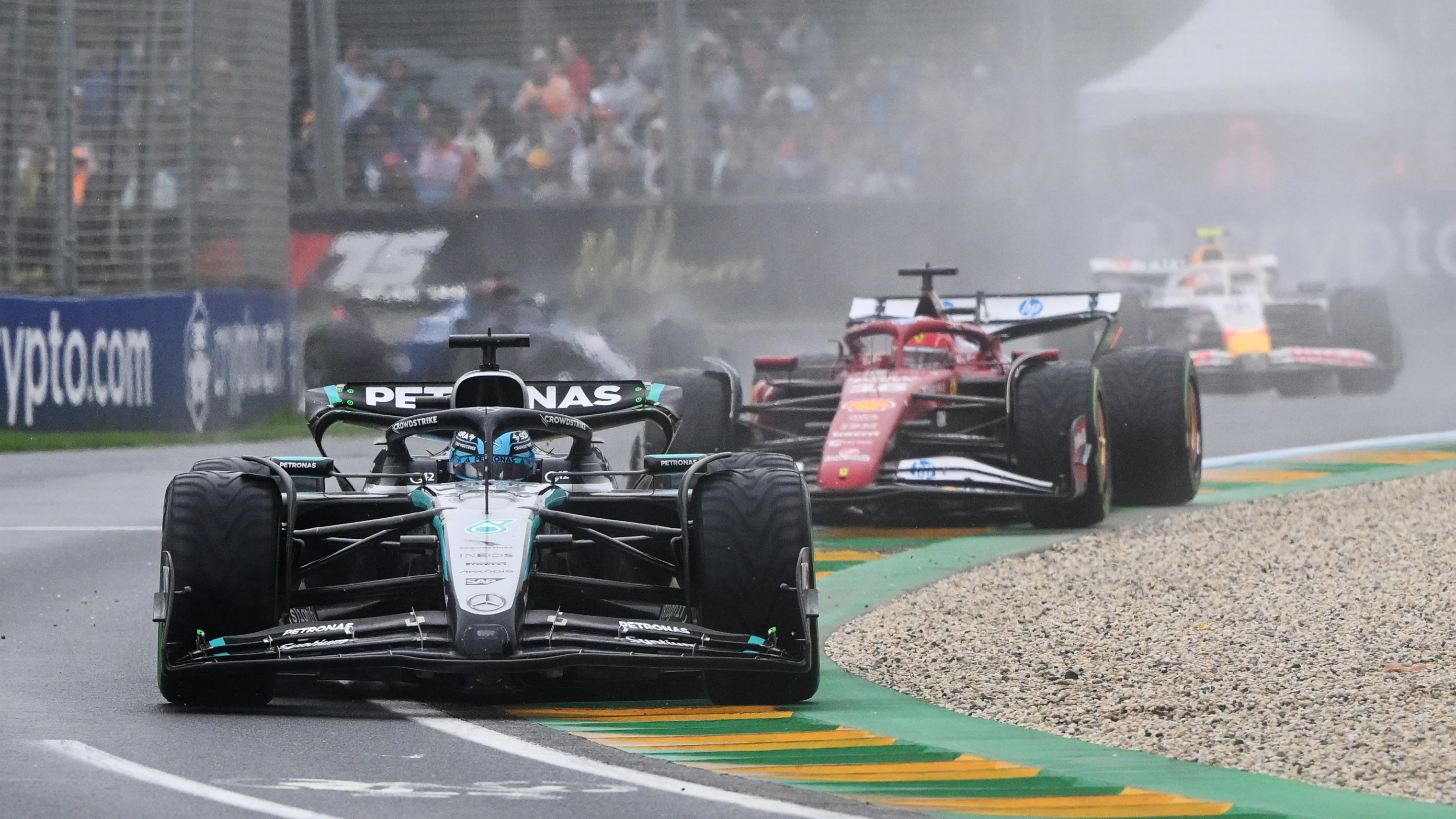 MELBOURNE, AUSTRALIA - MARCH 16: George Russell of Great Britain driving the (63) Mercedes AMG