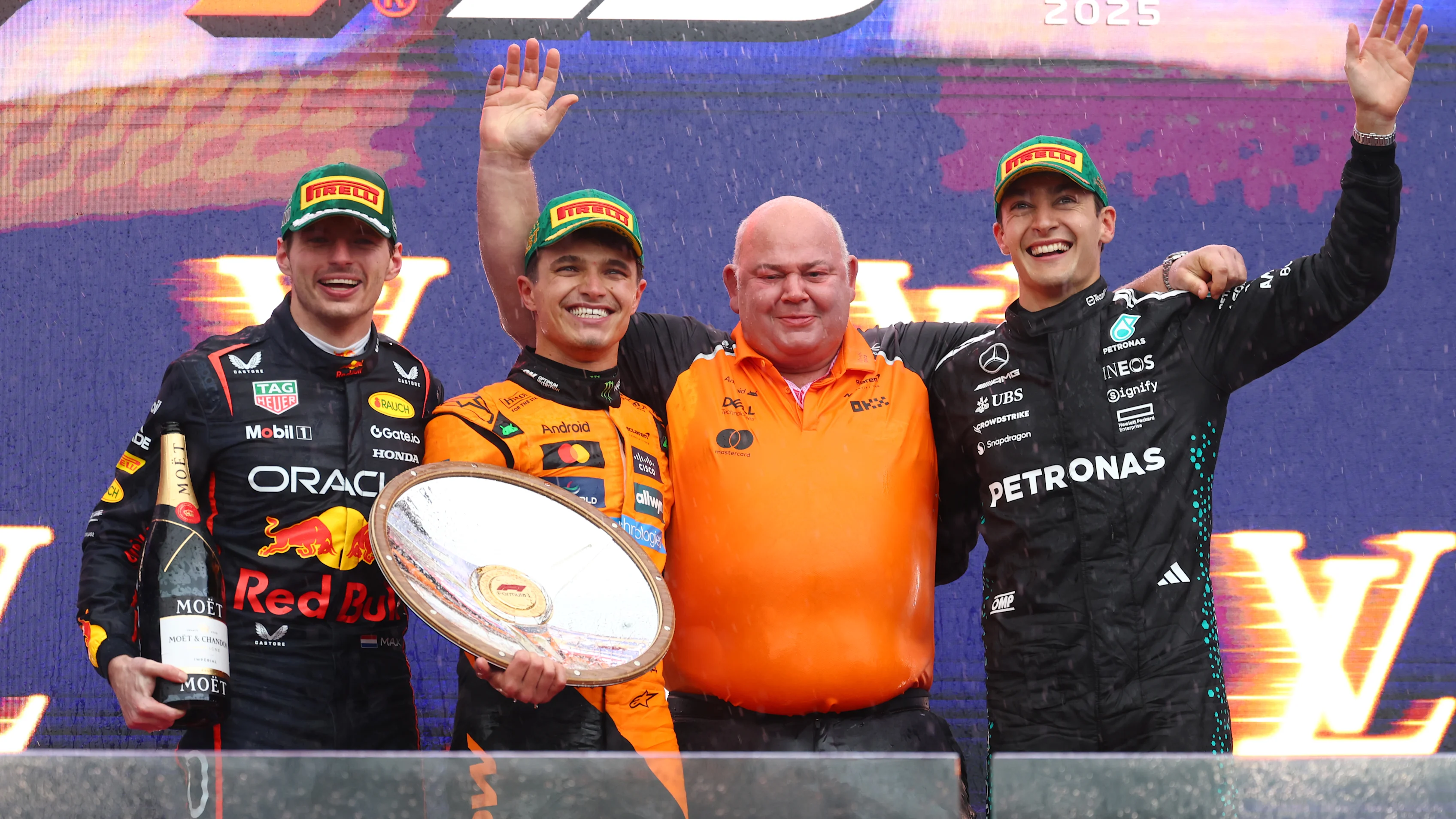 MELBOURNE, AUSTRALIA - MARCH 16: Second placed Max Verstappen of the Netherlands and Oracle Red