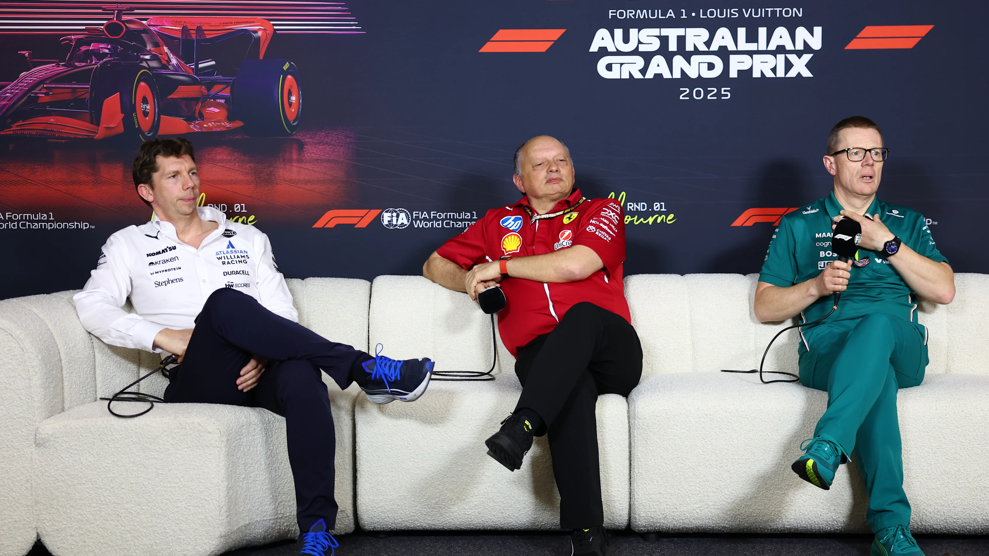 MELBOURNE, AUSTRALIA - MARCH 14: James Vowles, Team Principal of Williams, Frederic Vasseur, Team