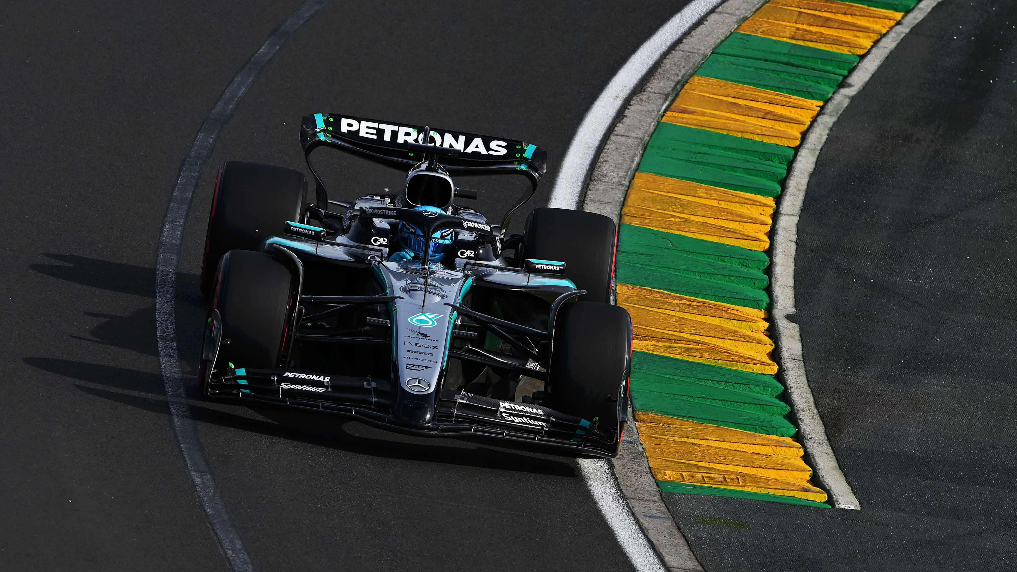 MELBOURNE, AUSTRALIA - MARCH 14: George Russell of Great Britain driving the (63) Mercedes AMG