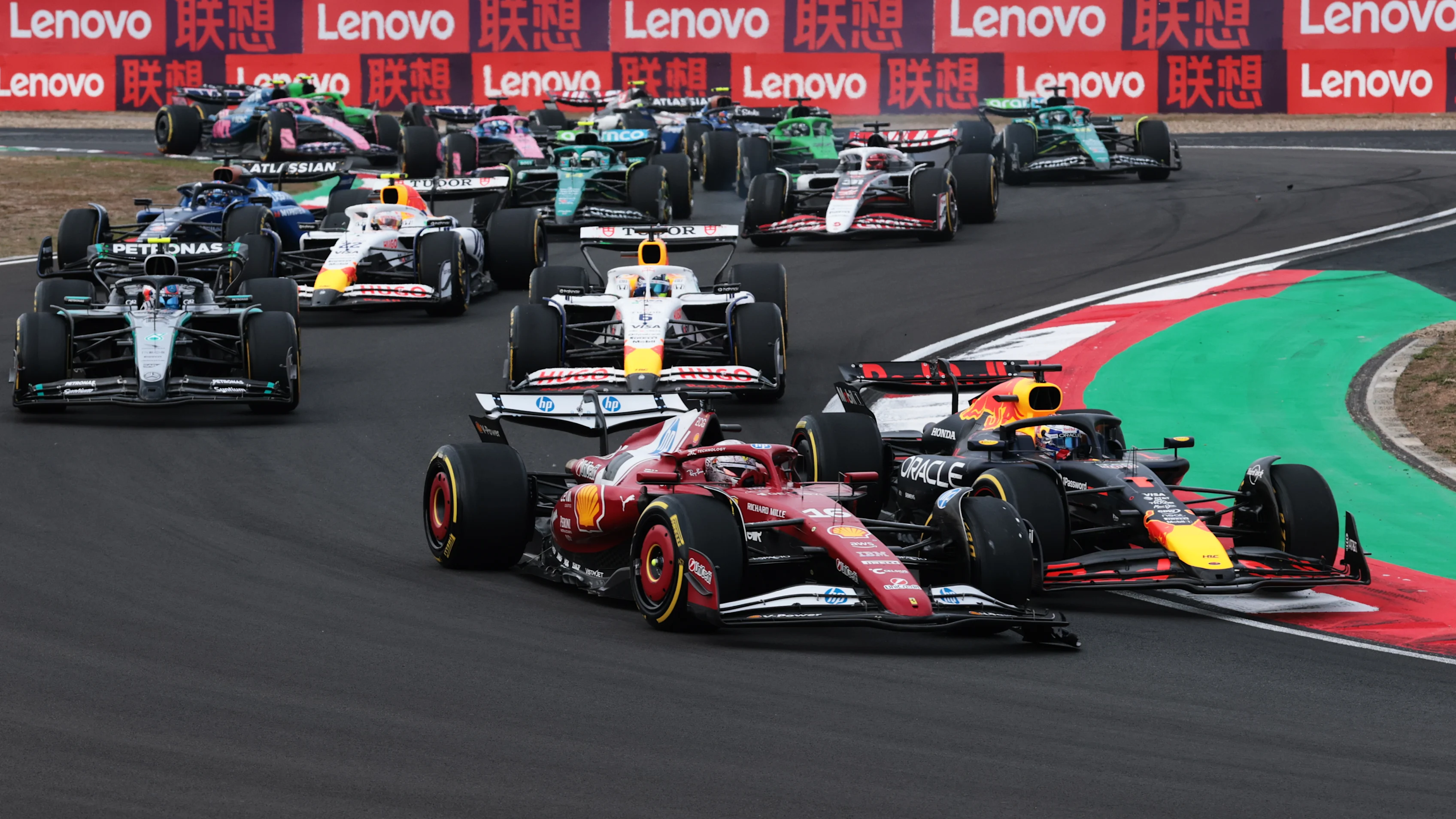 SHANGHAI, CHINA - MARCH 23: Charles Leclerc of Monaco driving the (16) Scuderia Ferrari SF-25 leads