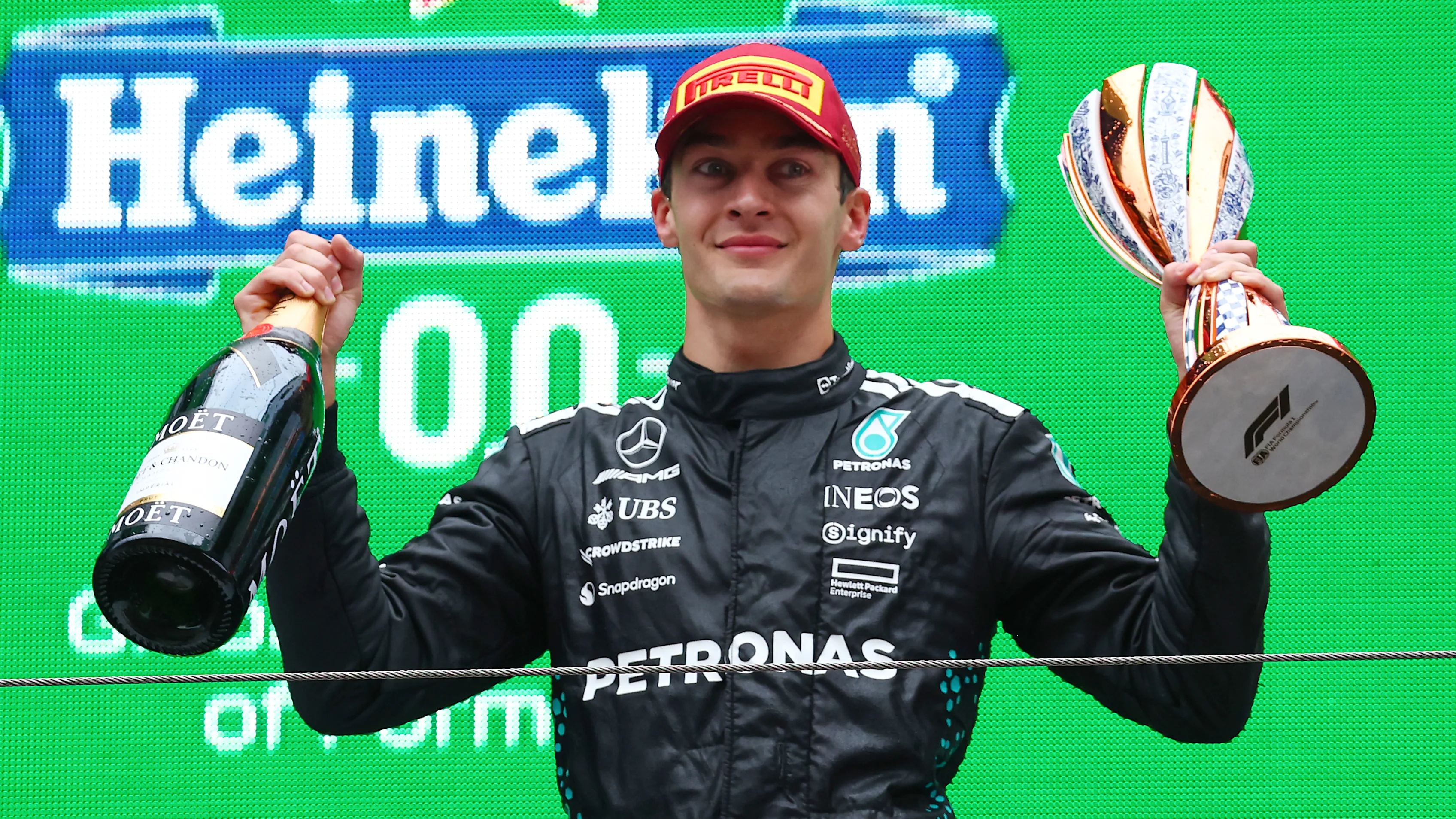 SHANGHAI, CHINA - MARCH 23: Third placed George Russell of Great Britain and Mercedes AMG Petronas