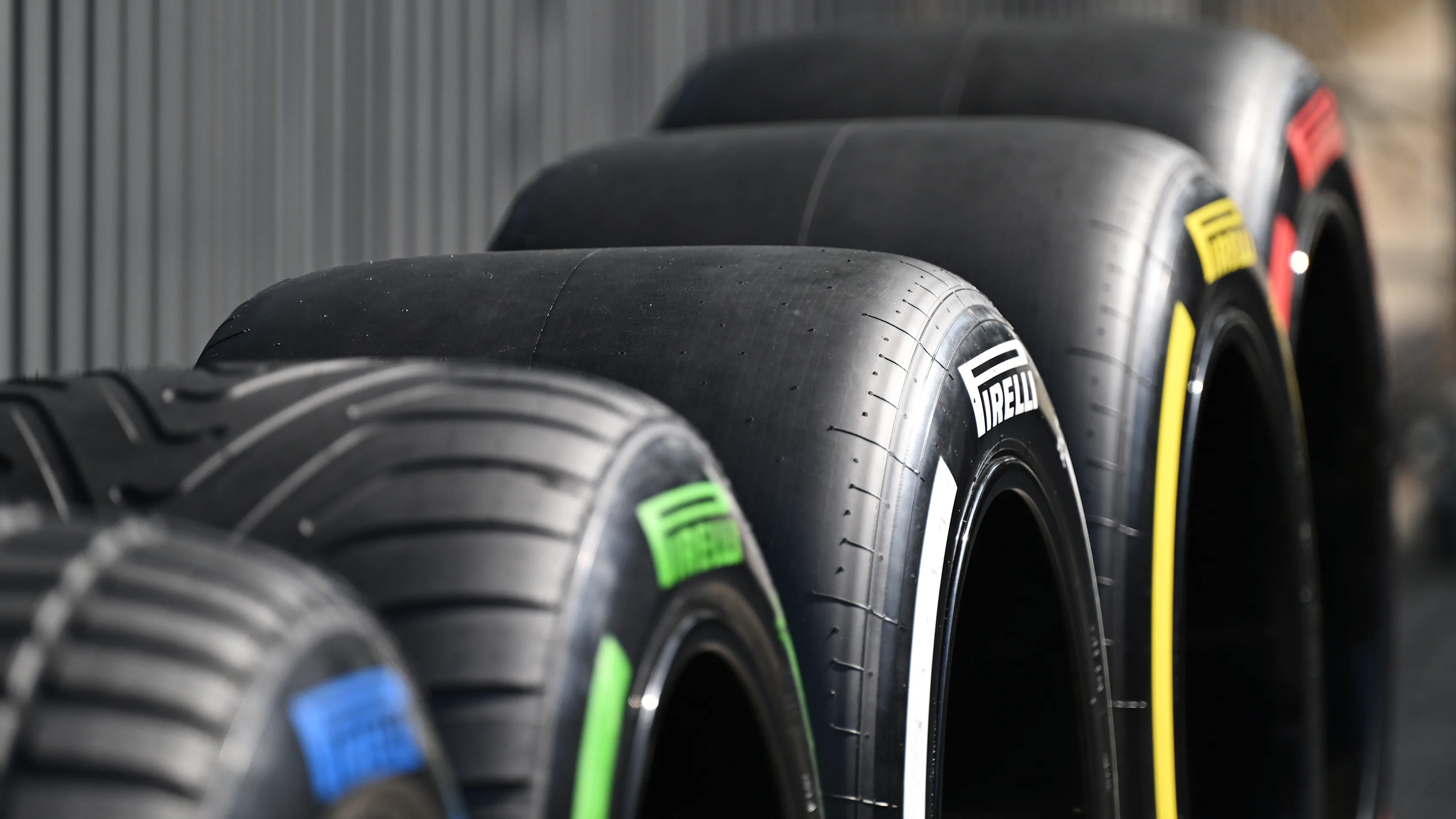 SHANGHAI, CHINA - MARCH 22: Pirelli tyre compounds lined up for display prior to the Sprint ahead