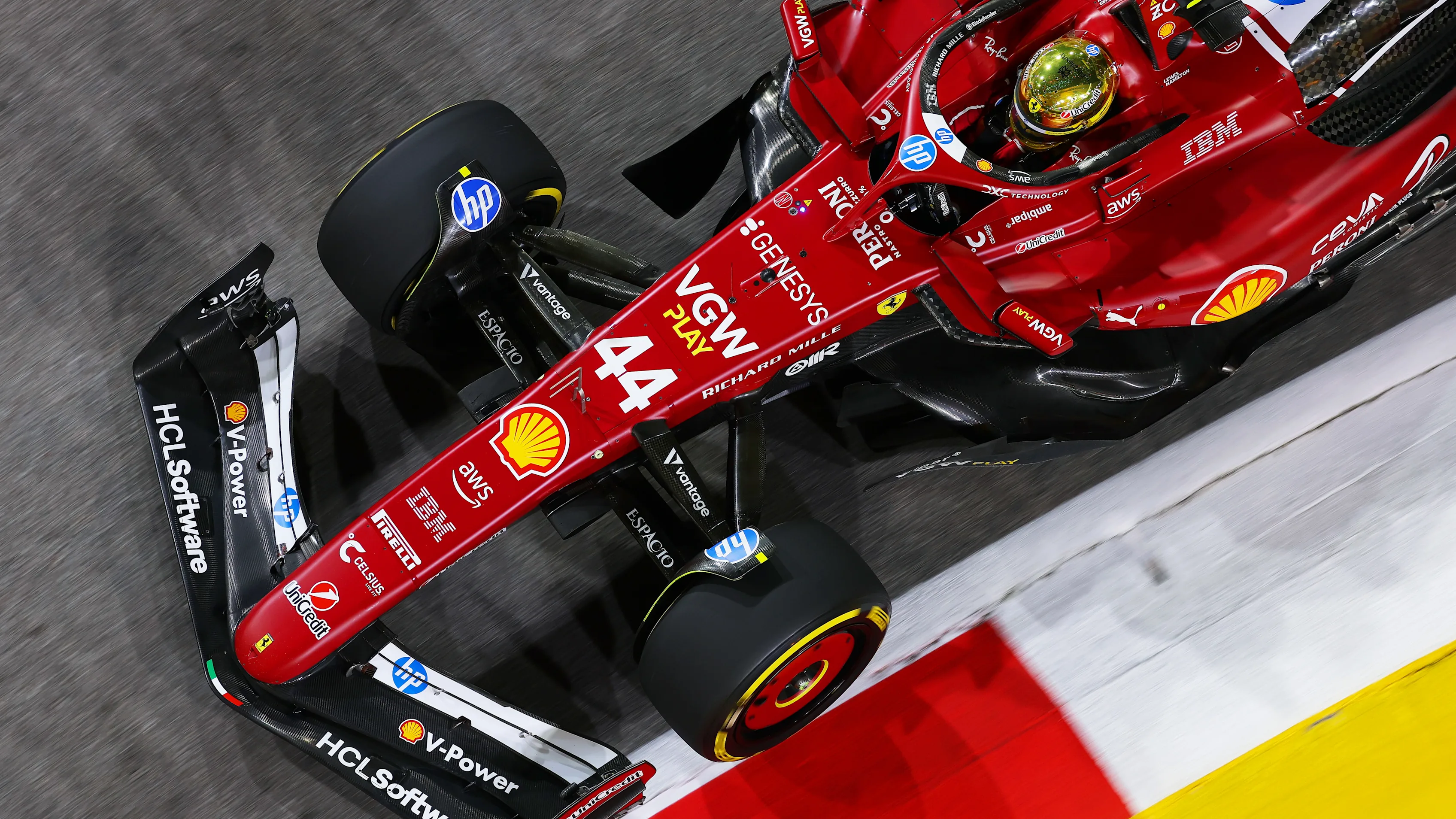 SINGAPORE, SINGAPORE - OCTOBER 03: Lewis Hamilton of Great Britain driving the (44) Scuderia Ferrari SF-25 on track during practice ahead of the F1 Grand Prix of Singapore at Marina Bay Street Circuit on October 03, 2025 in Singapore, Singapore. (Photo by Clive Rose - Formula 1/Formula 1 via Getty Images)
