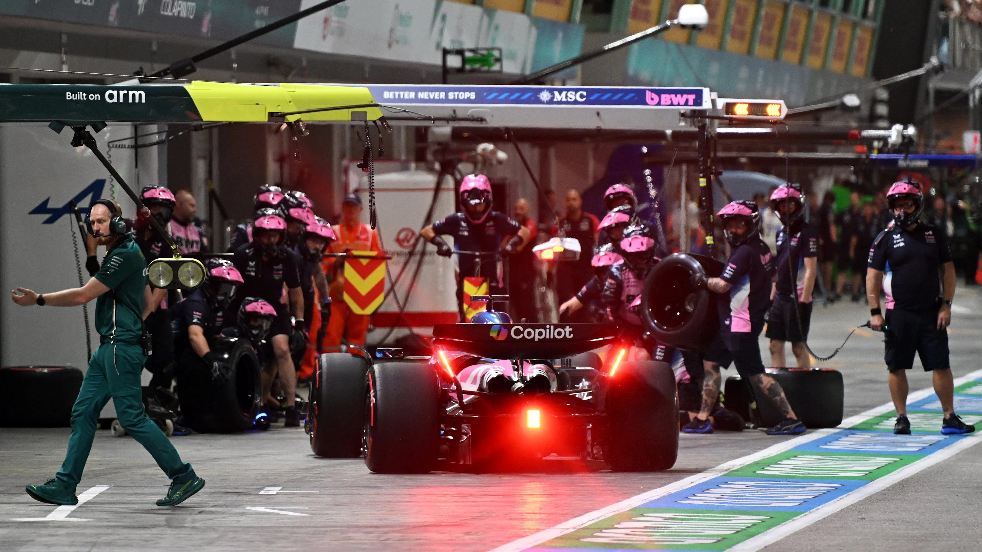 SINGAPORE, SINGAPORE - OCTOBER 04: Pierre Gasly of France driving the (10) Alpine F1 A525 Renault makes a pitstop during qualifying ahead of the F1 Grand Prix of Singapore at Marina Bay Street Circuit on October 04, 2025 in Singapore, Singapore. (Photo by Mark Sutton - Formula 1/Formula 1 via Getty Images)