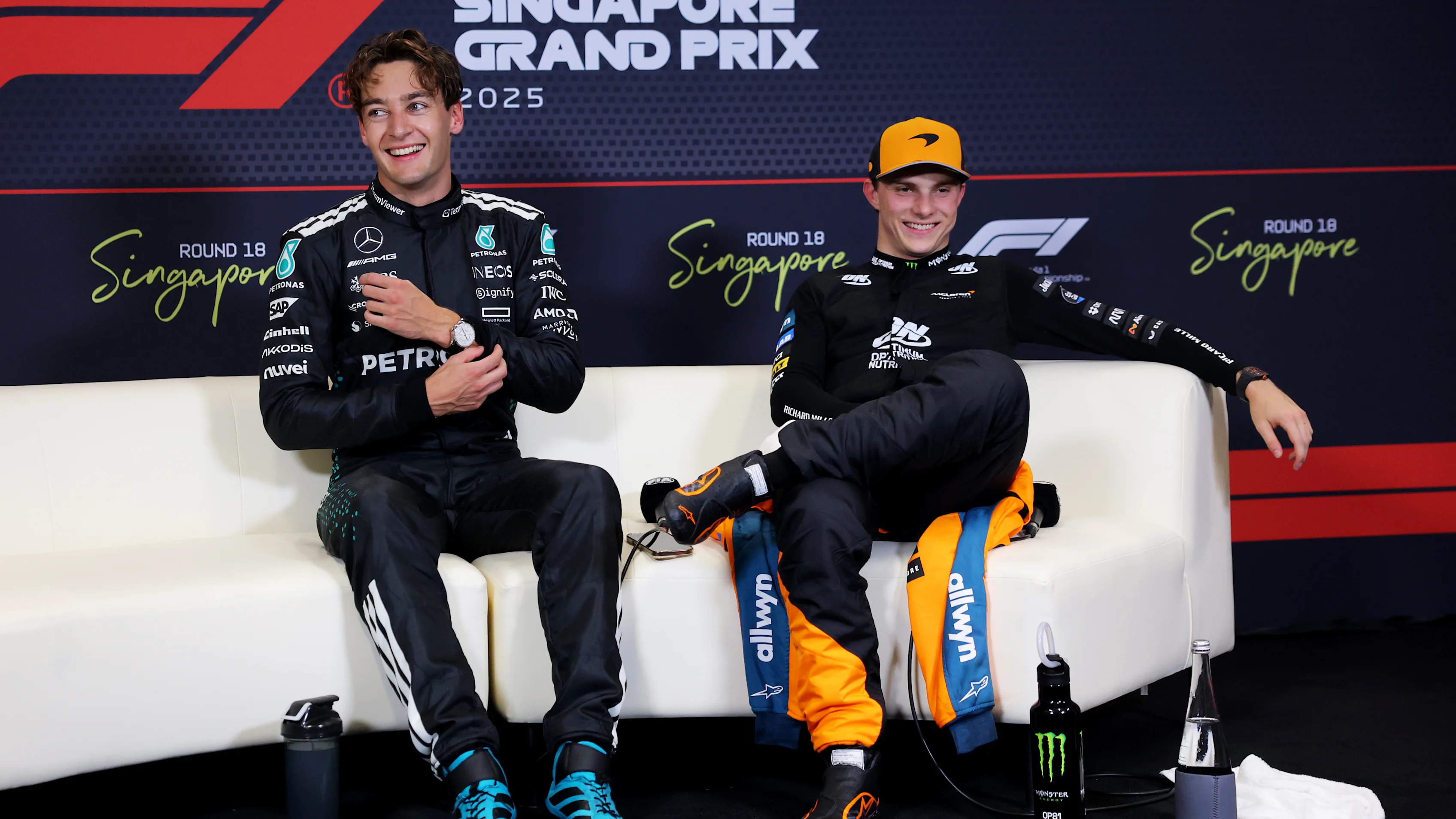 SINGAPORE, SINGAPORE - OCTOBER 04: Pole position qualifier George Russell of Great Britain and