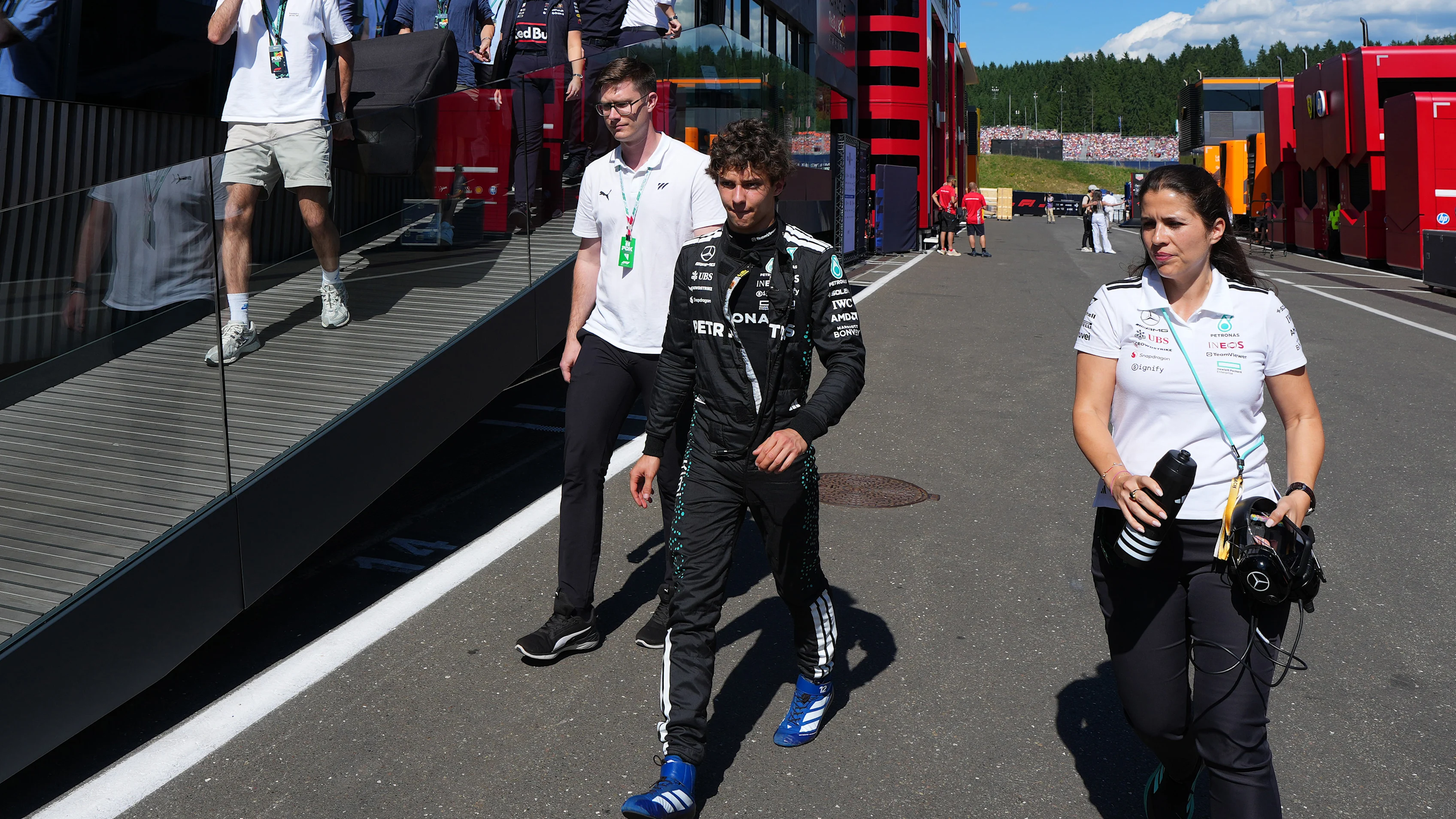 SPIELBERG, AUSTRIA - JUNE 29: Andrea Kimi Antonelli of Italy and Mercedes AMG Petronas F1 Team walks in the Paddock after a crash at the start during the F1 Grand Prix of Austria at Red Bull Ring on June 29, 2025 in Spielberg, Austria. (Photo by Malcolm Griffiths - Formula 1/Formula 1 via Getty Images)