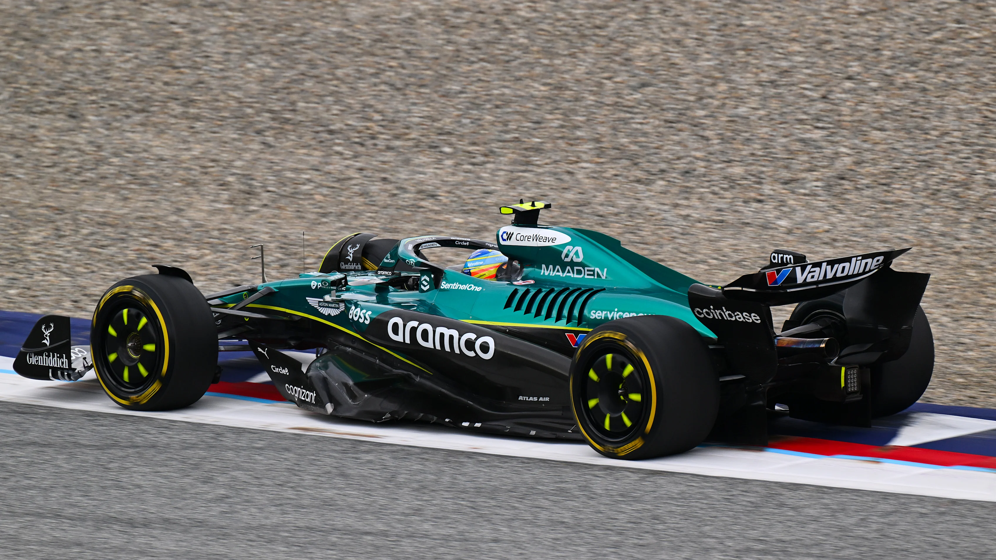 SPIELBERG, AUSTRIA - JUNE 27: Fernando Alonso of Spain driving the (14) Aston Martin F1 Team AMR25 Mercedes on track during practice ahead of the F1 Grand Prix of Austria at Red Bull Ring on June 27, 2025 in Spielberg, Austria. (Photo by Mark Sutton - Formula 1/Formula 1 via Getty Images)