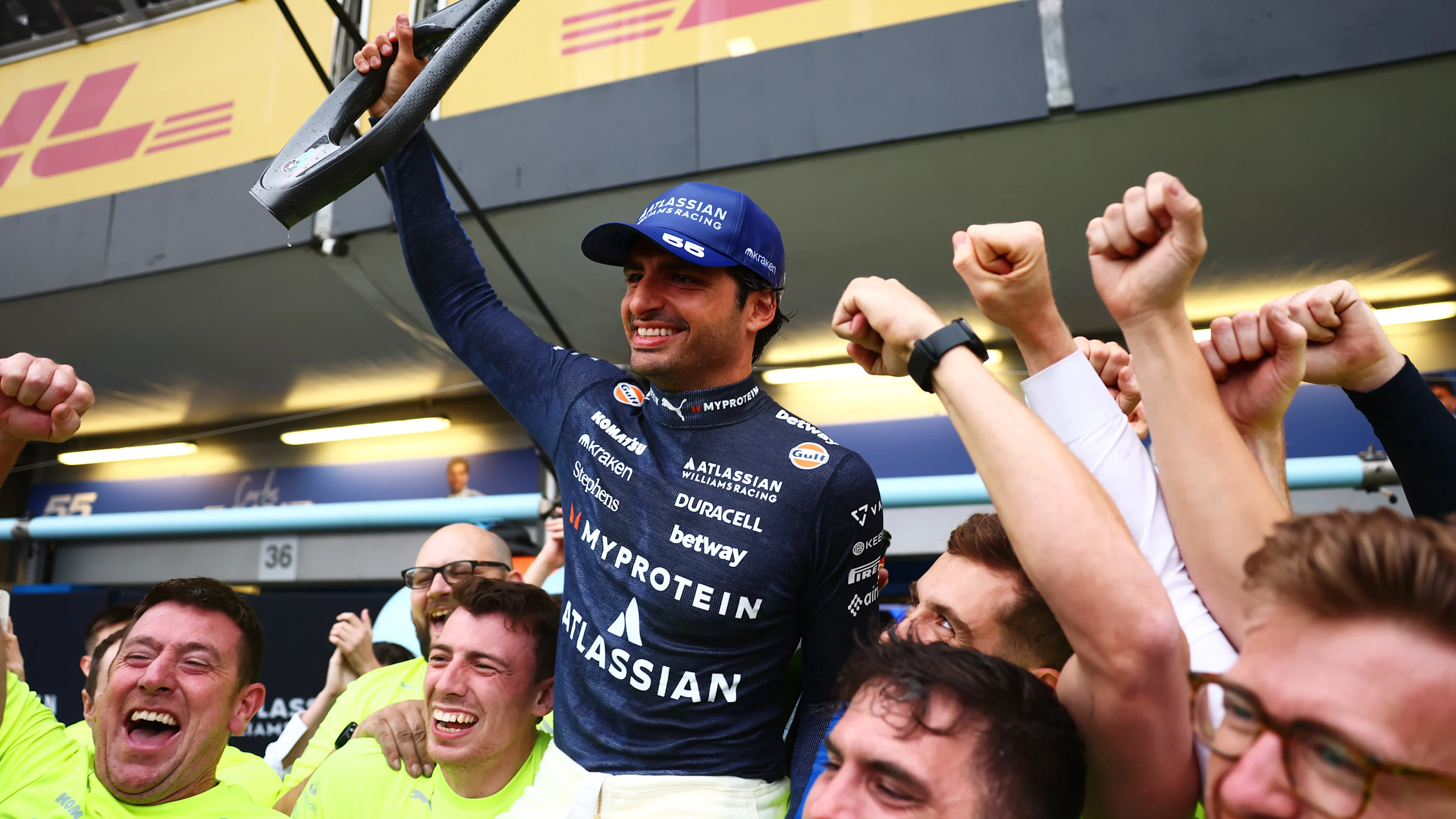 BAKU, AZERBAIJAN - SEPTEMBER 21: Third placed Carlos Sainz of Spain and Williams celebrates with