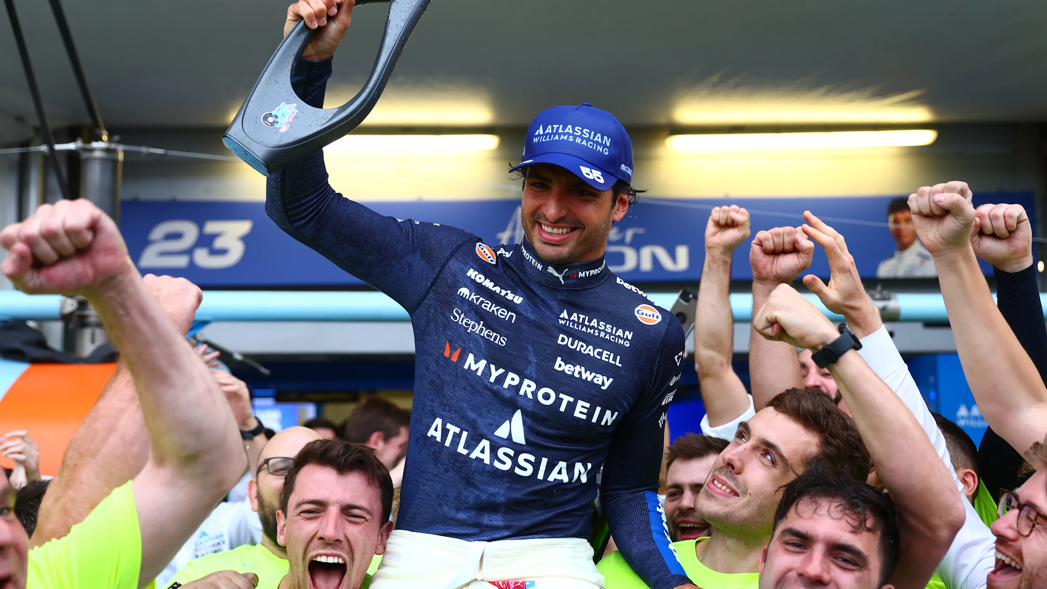 BAKU, AZERBAIJAN - SEPTEMBER 21: Third placed Carlos Sainz of Spain and Williams celebrates with