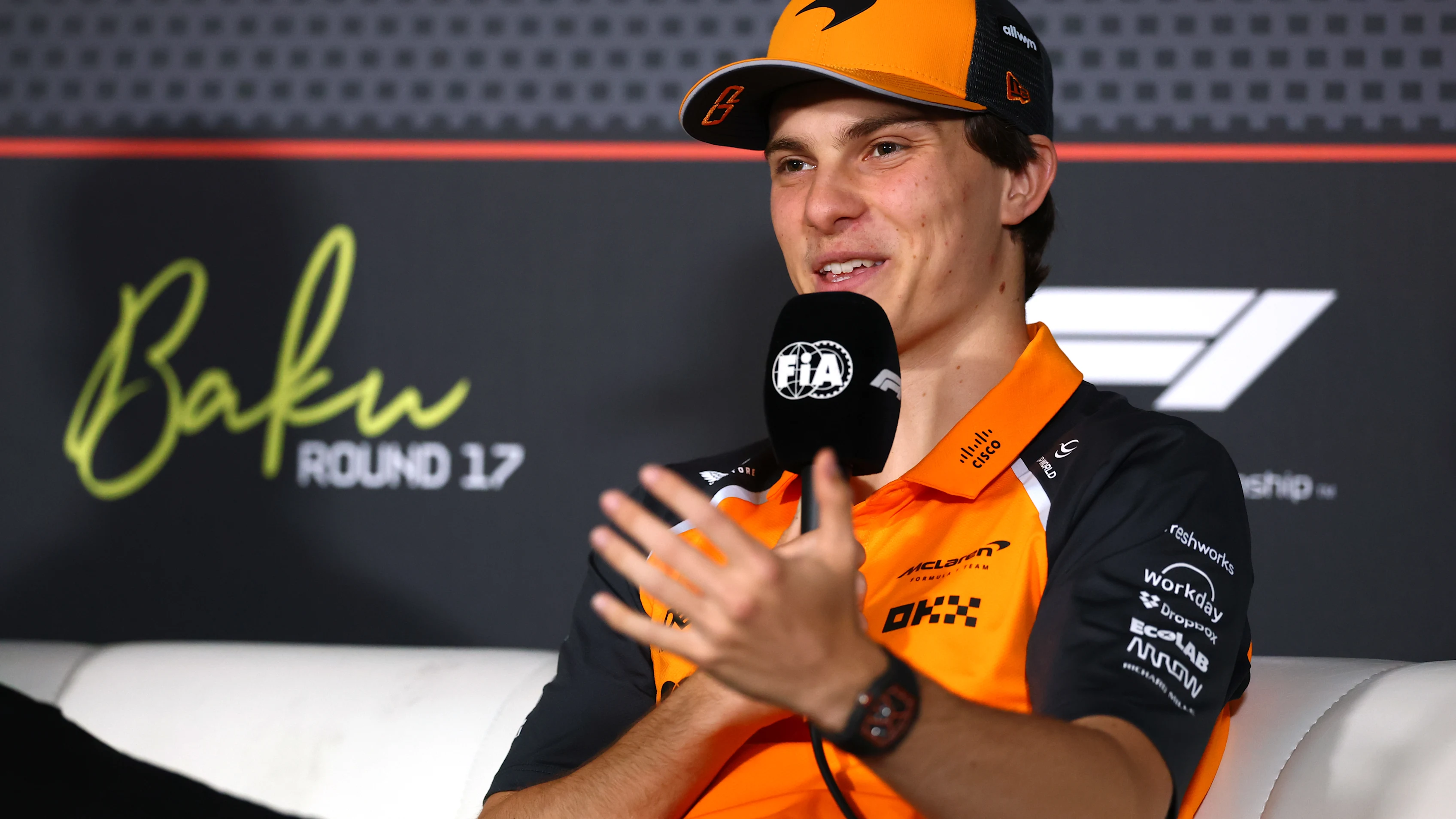 BAKU, AZERBAIJAN - SEPTEMBER 18: Oscar Piastri of Australia and McLaren speaks in the Drivers Press