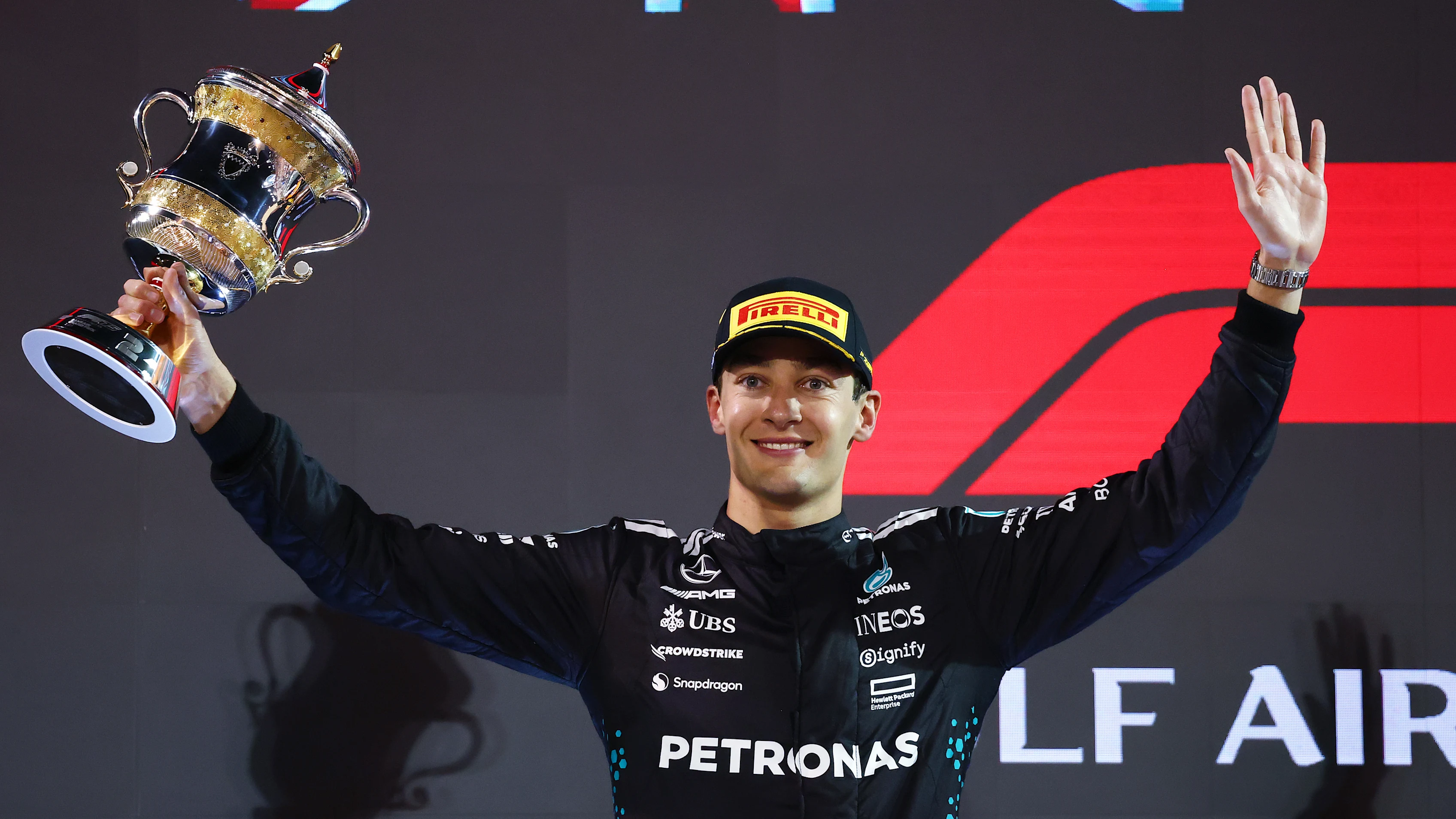 BAHRAIN, BAHRAIN - APRIL 13: Second placed George Russell of Great Britain and Mercedes AMG
