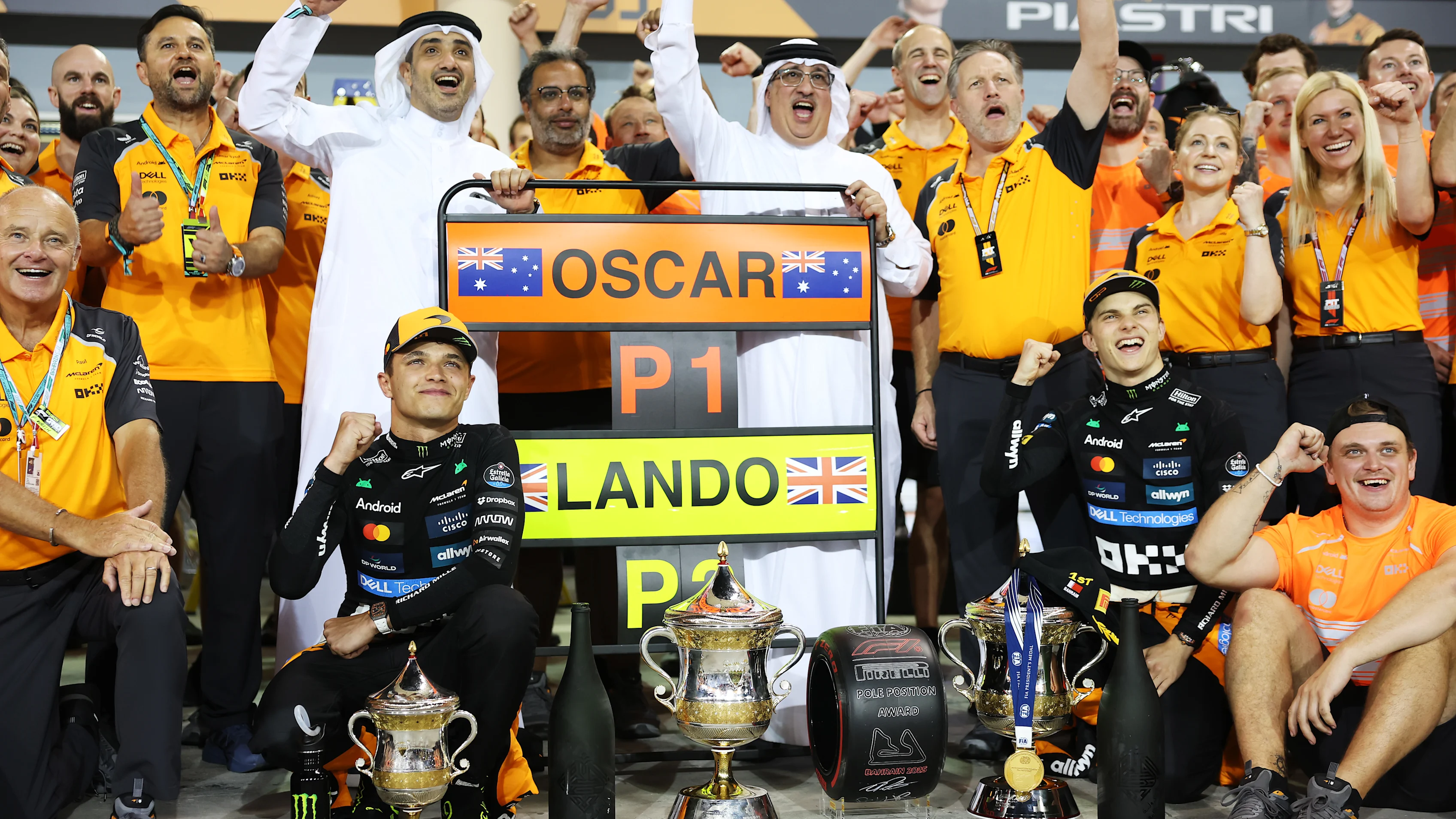 BAHRAIN, BAHRAIN - APRIL 13: Race winner Oscar Piastri of Australia and McLaren and Third placed