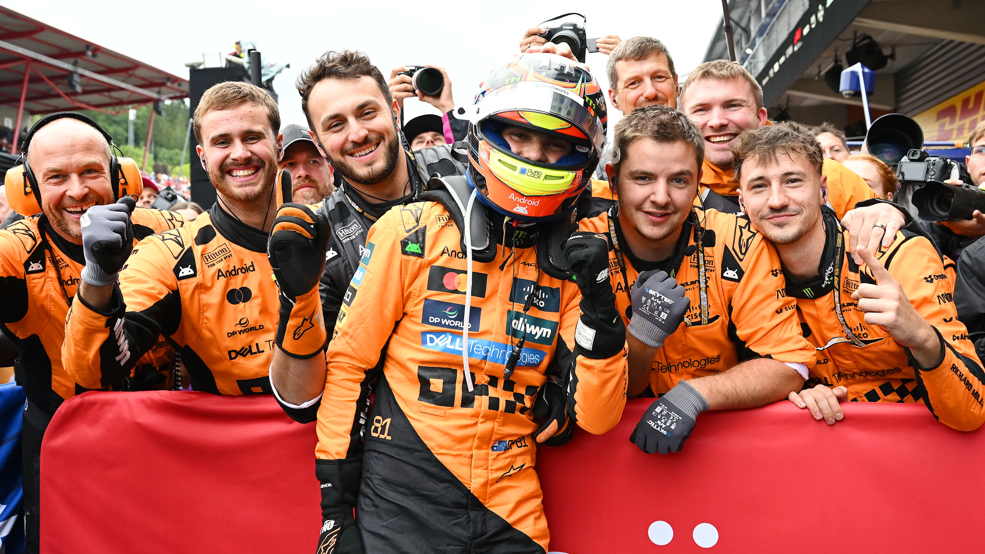 SPA, BELGIUM - JULY 27: Race winner Oscar Piastri of Australia and McLaren celebrates in parc ferme with his team during the F1 Grand Prix of Belgium at Circuit de Spa-Francorchamps on July 27, 2025 in Spa, Belgium. (Photo by Mark Sutton - Formula 1/Formula 1 via Getty Images)