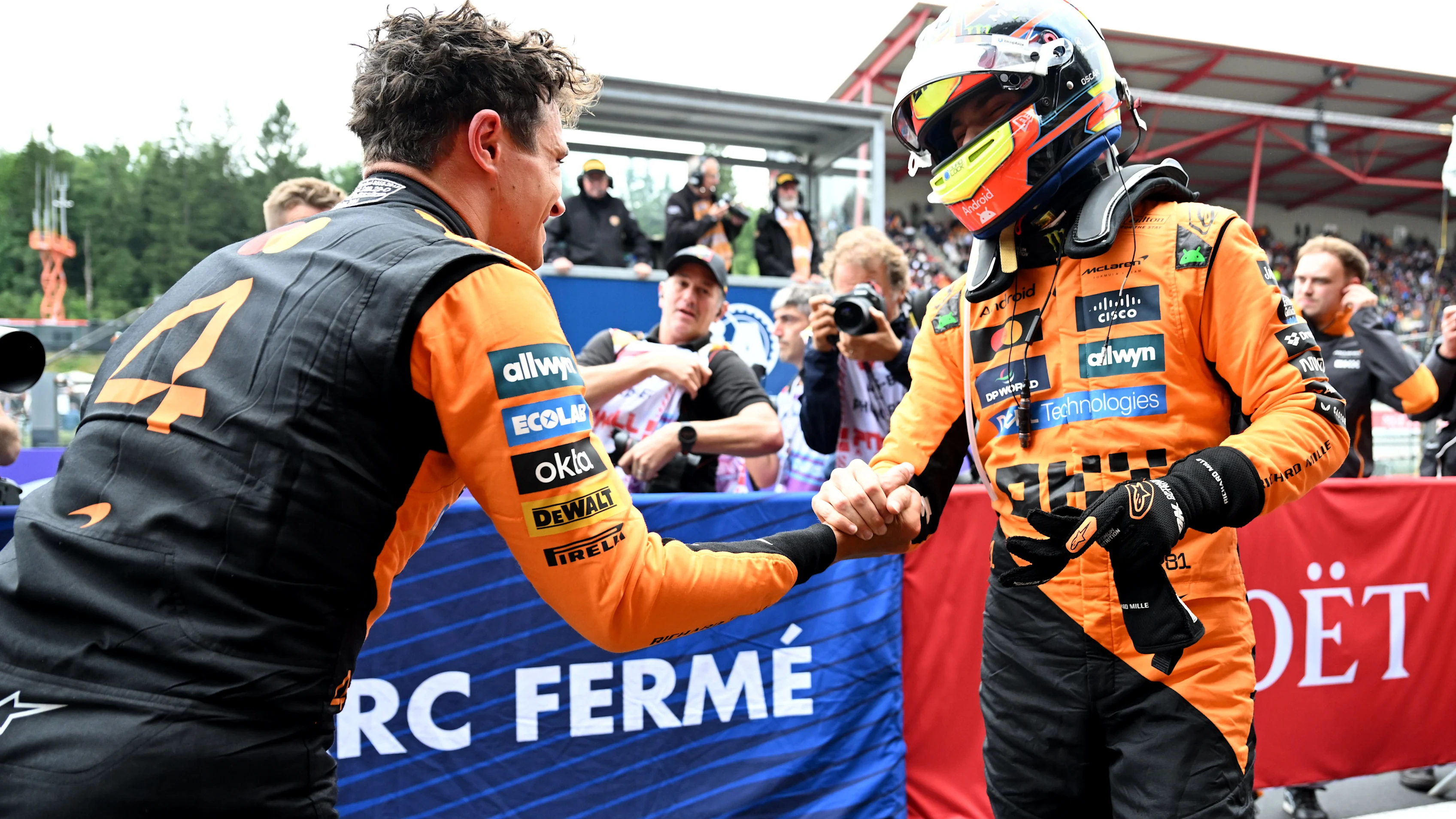 SPA, BELGIUM - JULY 27: Race winner Oscar Piastri of Australia and McLaren and Second placed Lando