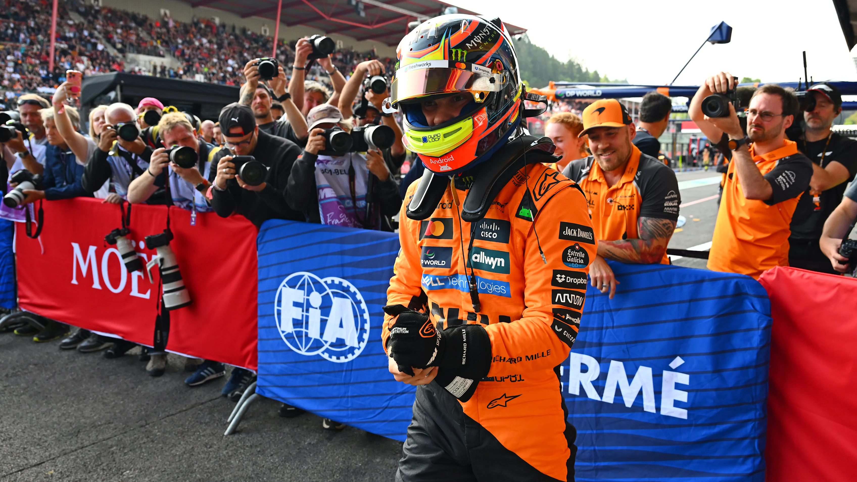 SPA, BELGIUM - JULY 25: Sprint Pole qualifier Oscar Piastri of Australia and McLaren celebrates in parc ferme during Sprint qualifying ahead of the F1 Grand Prix of Belgium at Circuit de Spa-Francorchamps on July 25, 2025 in Spa, Belgium. (Photo by Mark Sutton - Formula 1/Formula 1 via Getty Images)