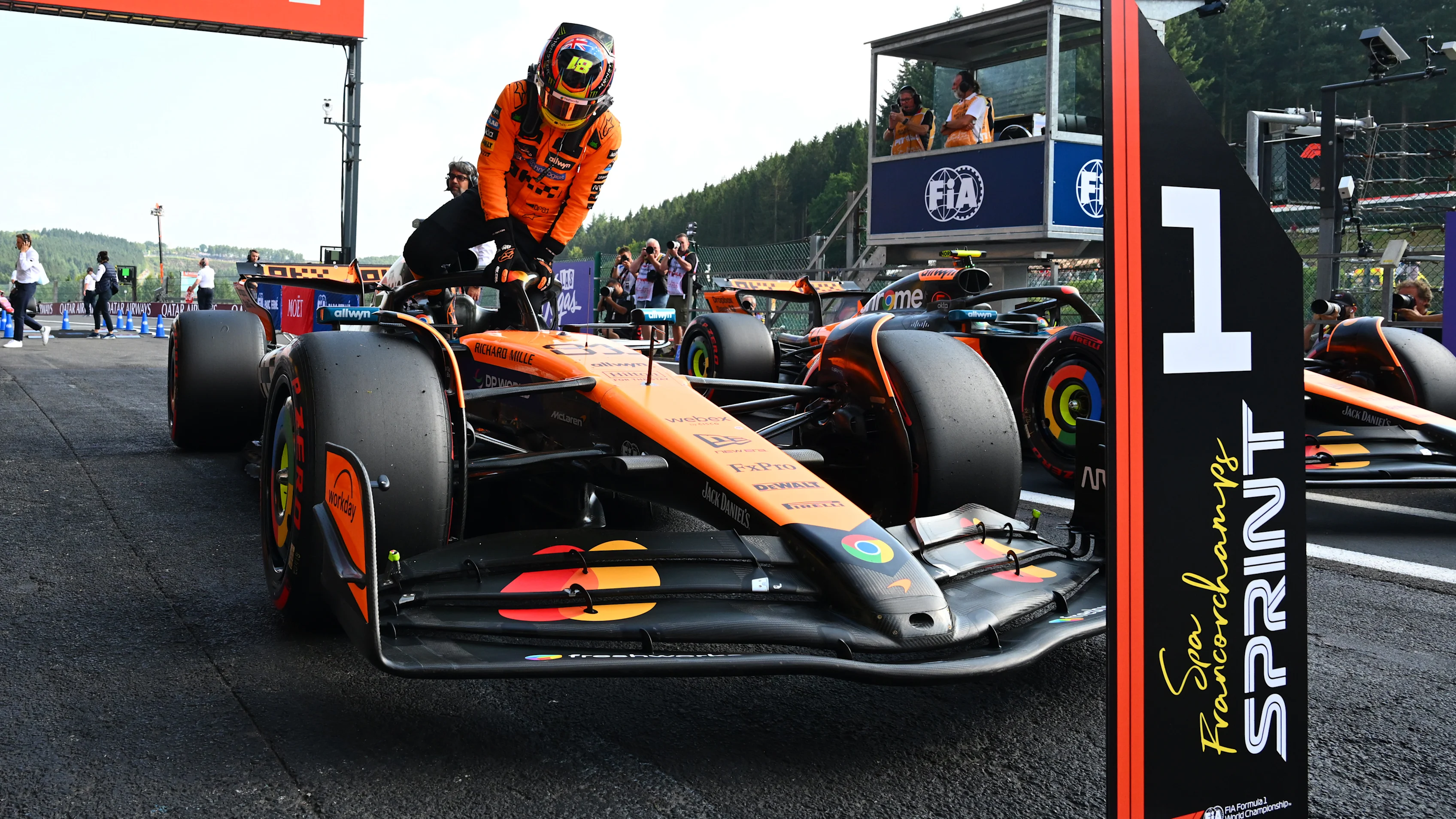 SPA, BELGIUM - JULY 25: Sprint Pole qualifier Oscar Piastri of Australia and McLaren gets out of