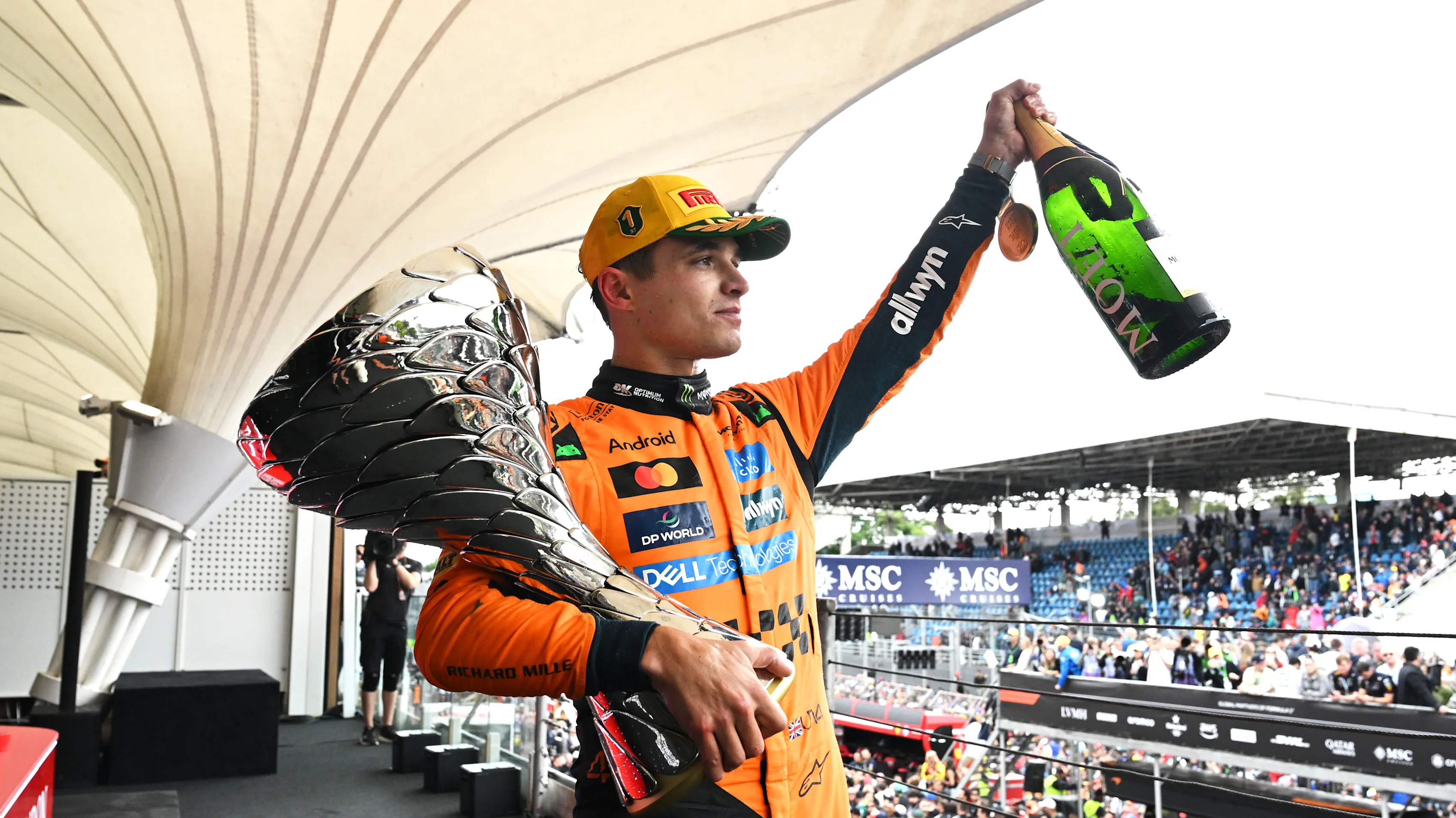 SAO PAULO, BRAZIL - NOVEMBER 09: Race winner Lando Norris of Great Britain and McLaren with his