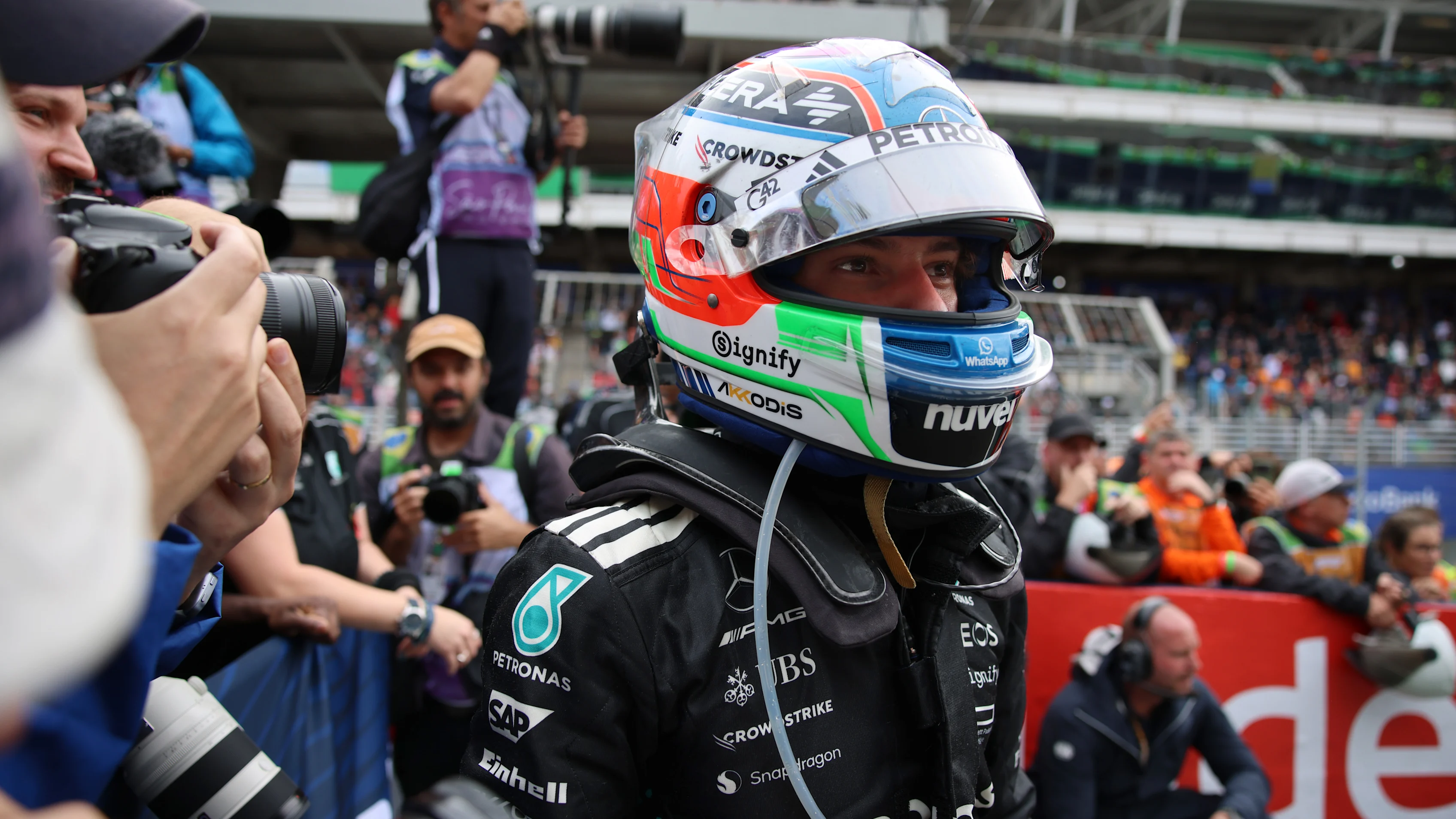 SAO PAULO, BRAZIL - NOVEMBER 09: Second placed Andrea Kimi Antonelli of Italy and Mercedes AMG Petronas F1 Team celebratesin parc ferme during the F1 Grand Prix of Brazil at Autodromo Jose Carlos Pace on November 09, 2025 in Sao Paulo, Brazil. (Photo by Anni Graf - Formula 1/Formula 1 via Getty Images)