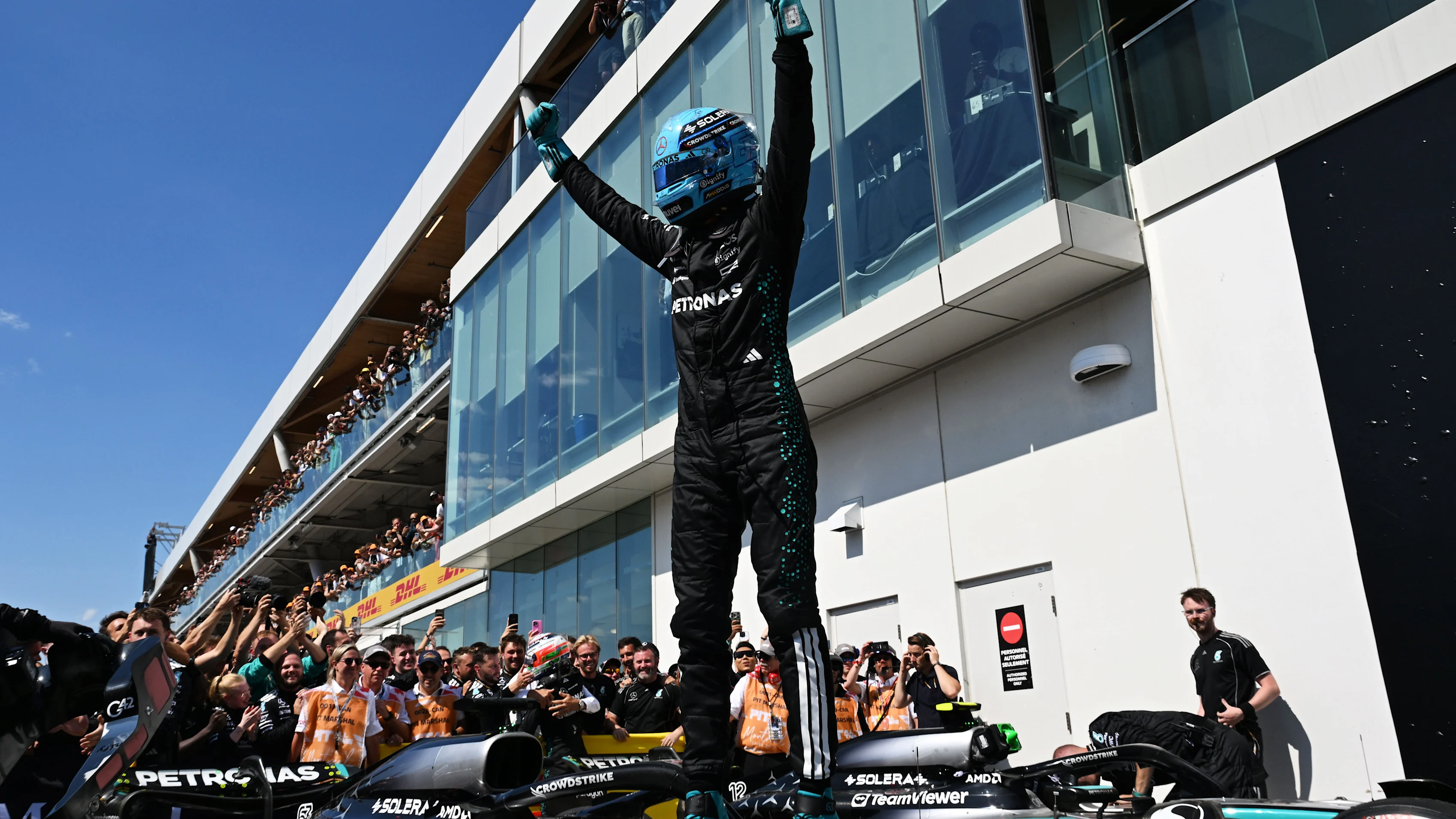 MONTREAL, QUEBEC - JUNE 15: Race winner George Russell of Great Britain and Mercedes AMG Petronas