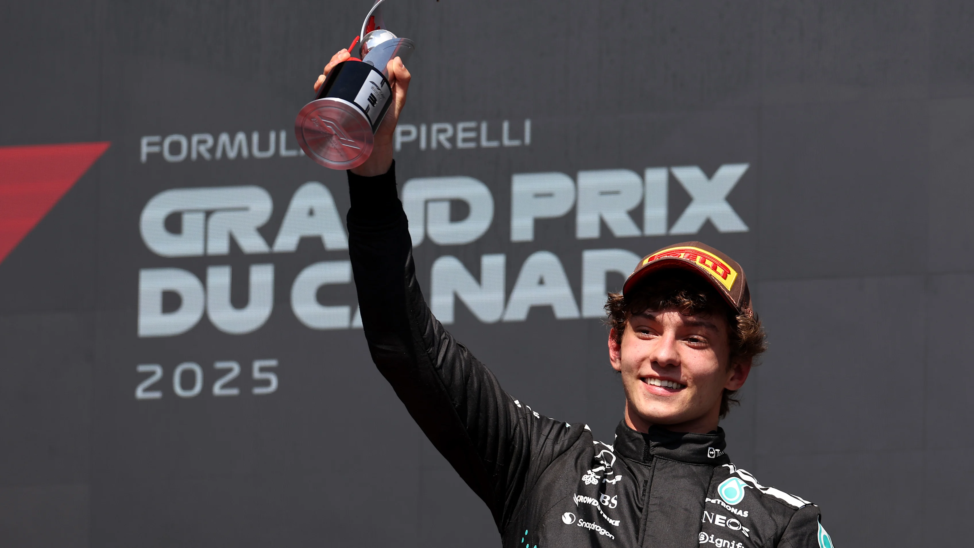 MONTREAL, QUEBEC - JUNE 15: Third placed Andrea Kimi Antonelli of Italy and Mercedes AMG Petronas