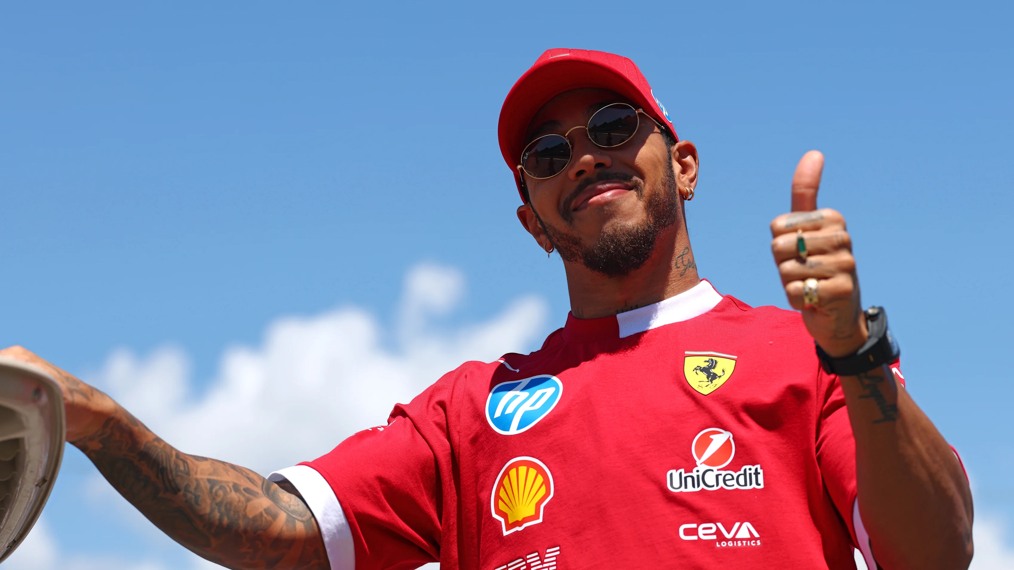 IMOLA, ITALY - MAY 18: Lewis Hamilton of Great Britain and Scuderia Ferrari gives a thumbs up on