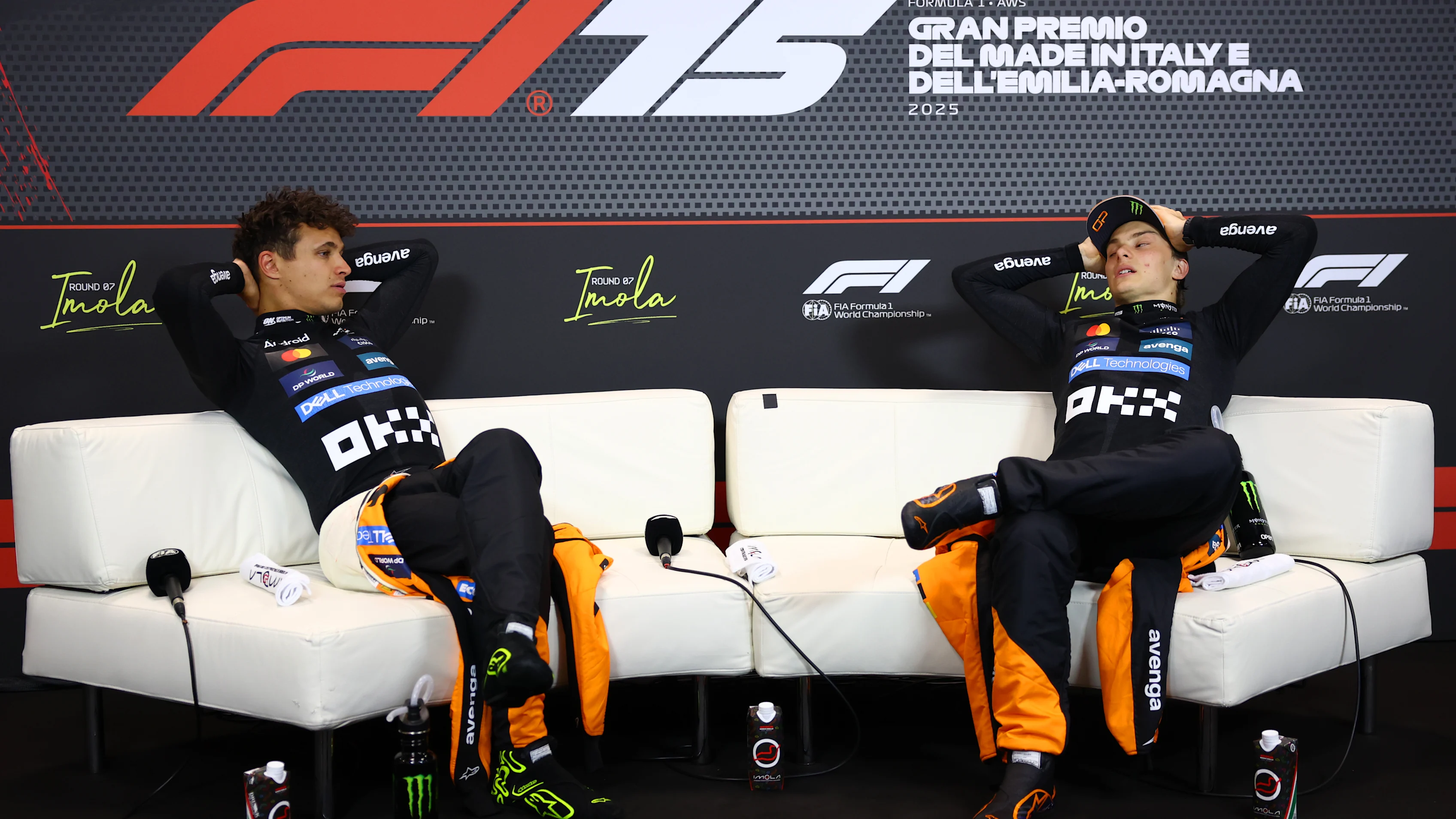 IMOLA, ITALY - MAY 18: Second placed Lando Norris of Great Britain and McLaren and Third placed