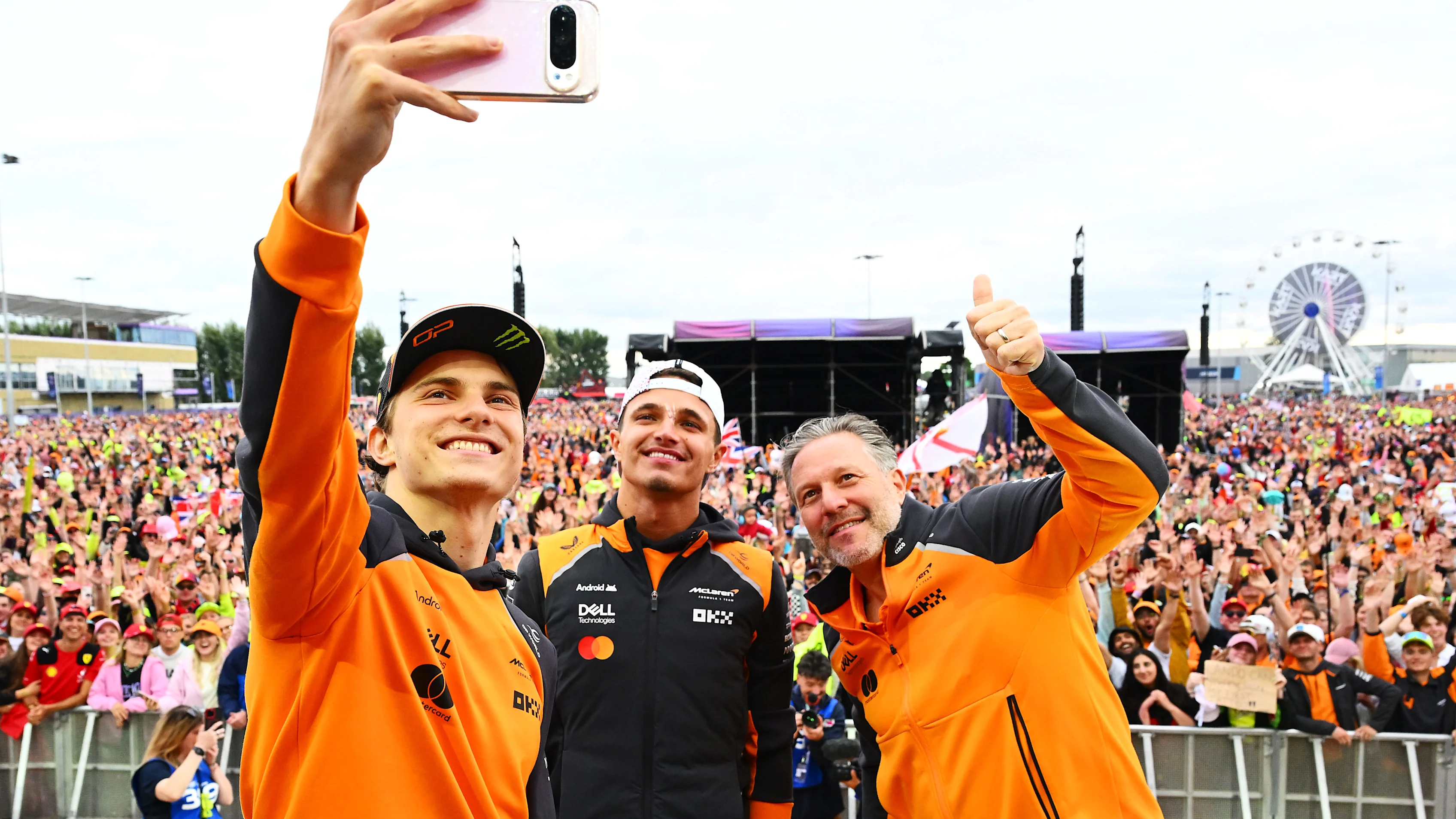 NORTHAMPTON, ENGLAND - JULY 06: Second placed Oscar Piastri of Australia and McLaren, Race winner