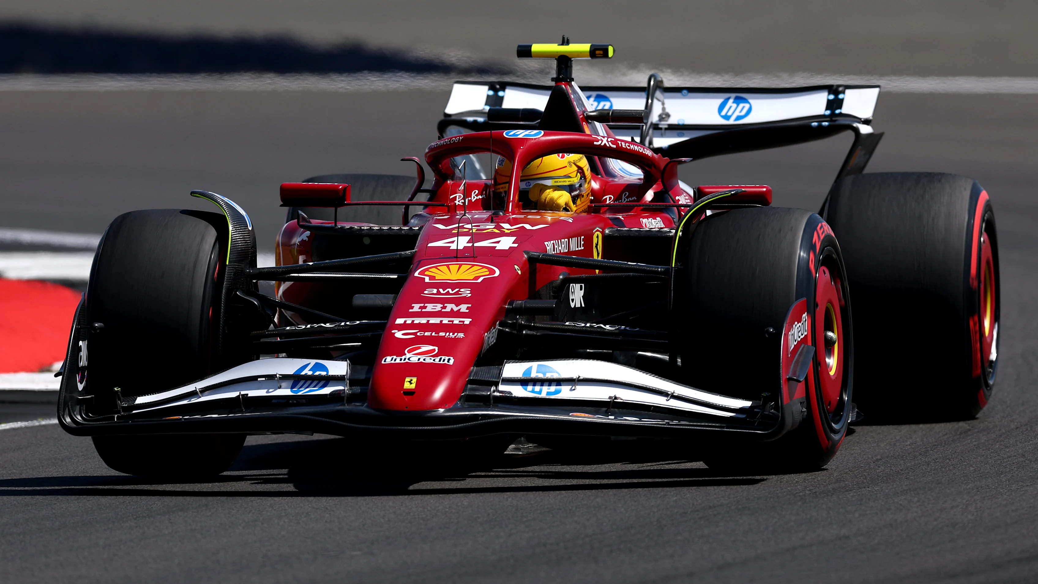 NORTHAMPTON, ENGLAND - JULY 04: Lewis Hamilton of Great Britain driving the (44) Scuderia Ferrari SF-25 on track during practice ahead of the F1 Grand Prix of Great Britain at Silverstone Circuit on July 04, 2025 in Northampton, England. (Photo by Clive Rose/Getty Images)