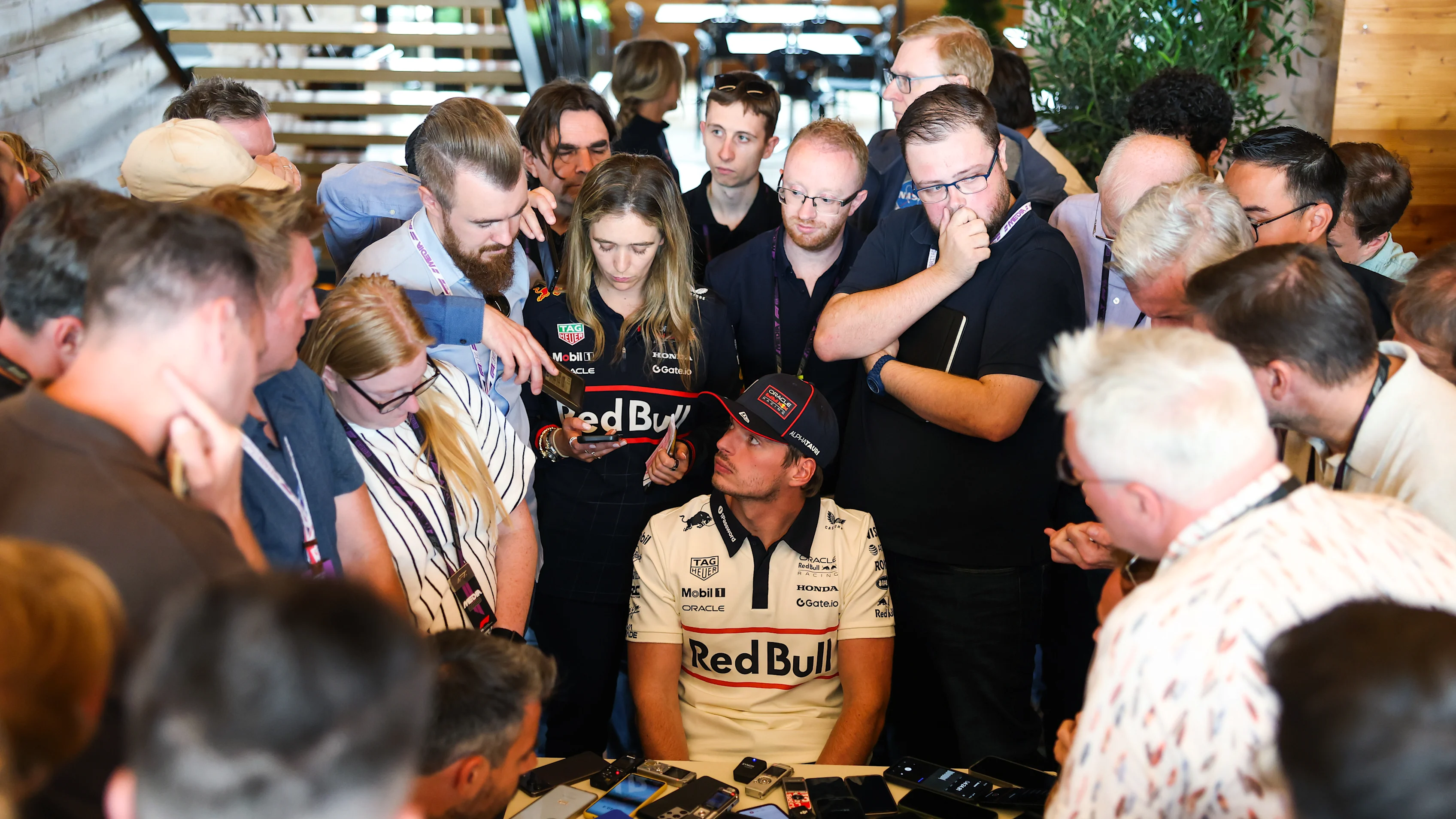 NORTHAMPTON, ENGLAND - JULY 03: Max Verstappen of the Netherlands and Oracle Red Bull Racing holds