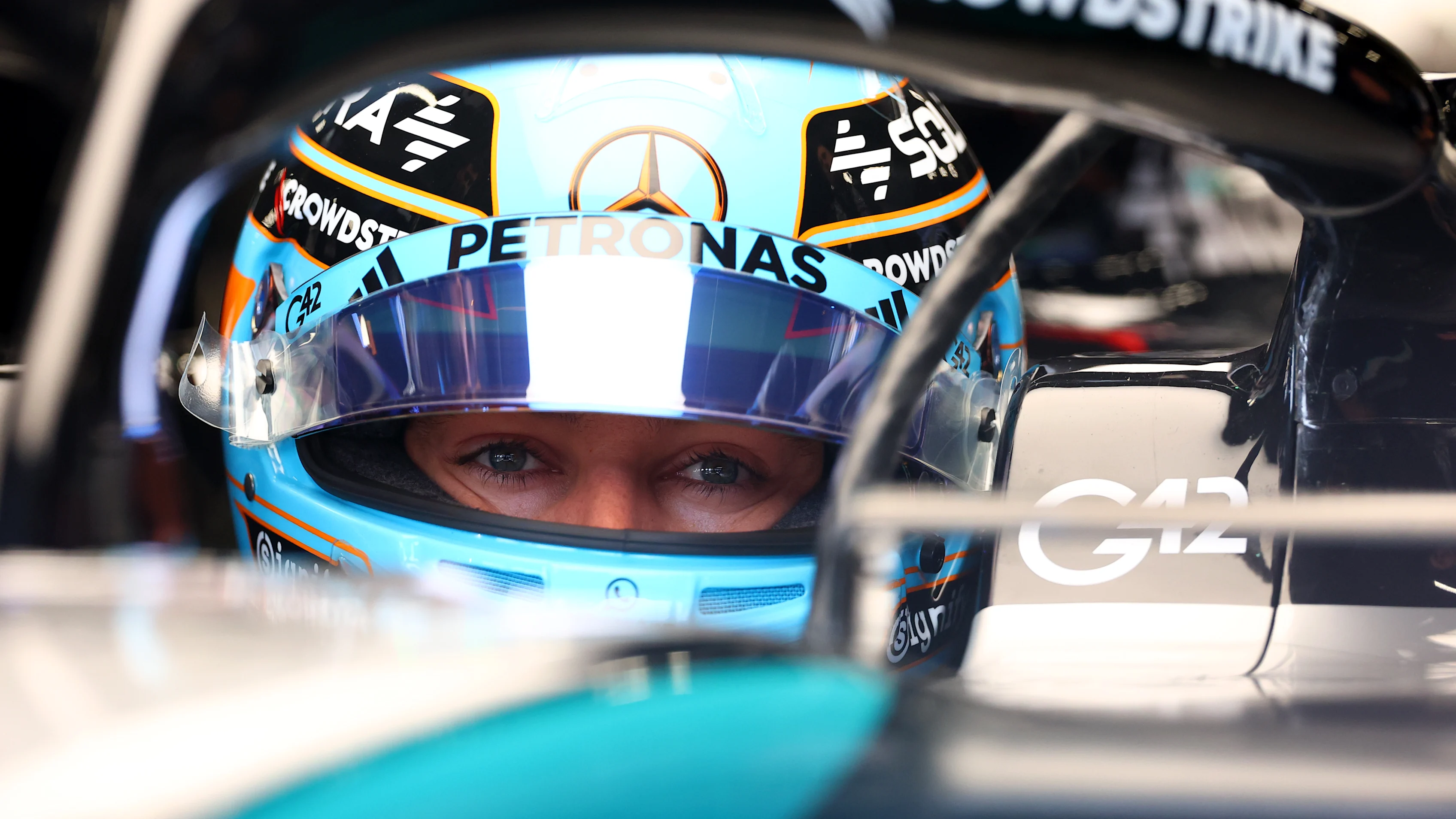 NORTHAMPTON, ENGLAND - JULY 05: George Russell of Great Britain and Mercedes AMG Petronas F1 Team