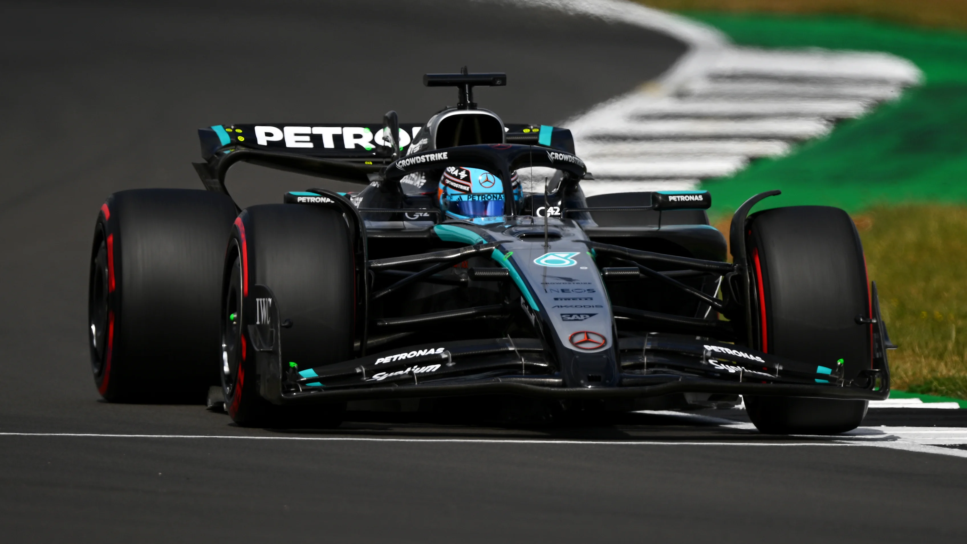 NORTHAMPTON, ENGLAND - JULY 05: George Russell of Great Britain driving the (63) Mercedes AMG