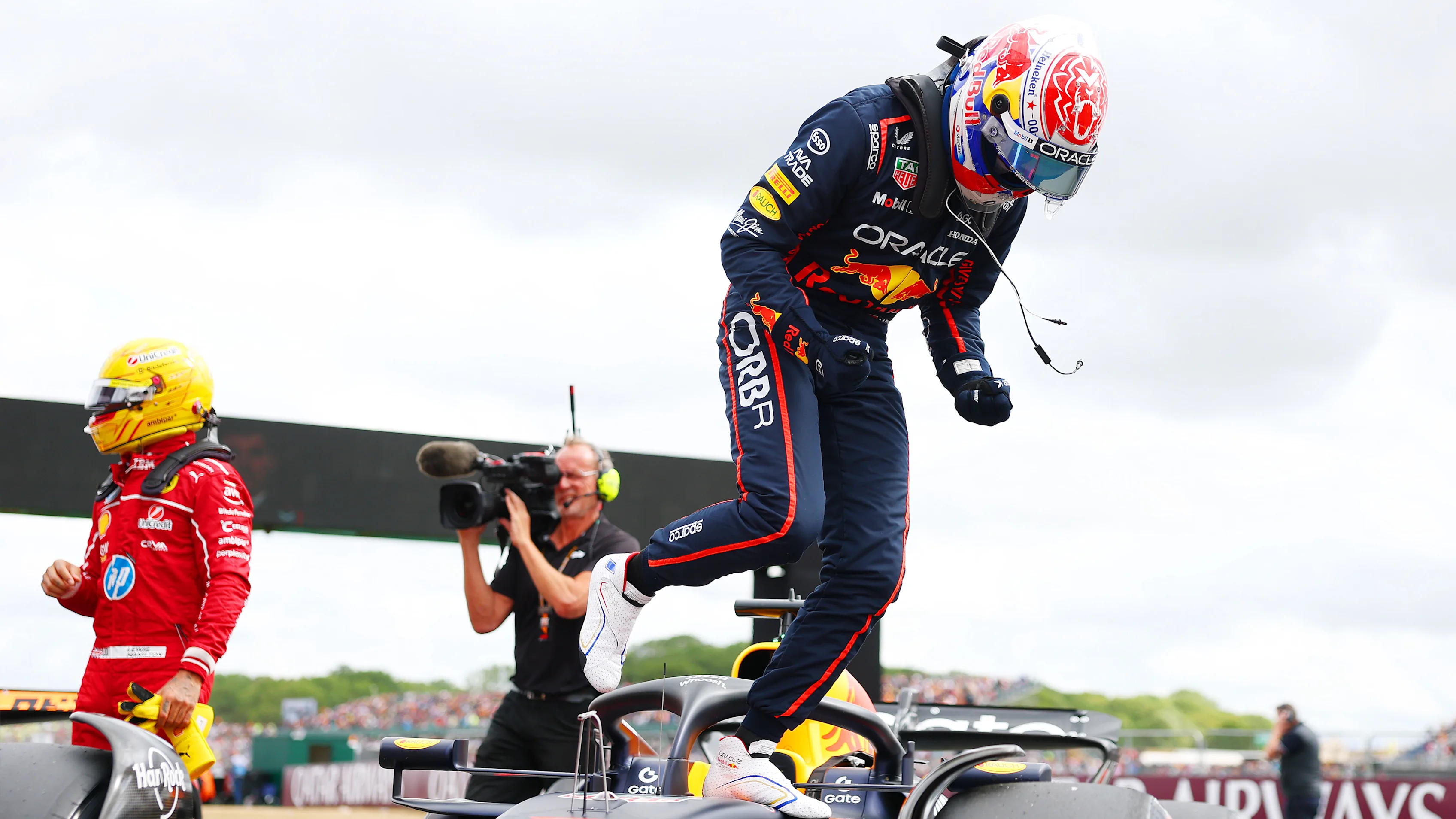 NORTHAMPTON, ENGLAND - JULY 05: Pole position qualifier Max Verstappen of the Netherlands and Oracle Red Bull Racing celebrates on arrival in parc ferme during qualifying ahead of the F1 Grand Prix of Great Britain at Silverstone Circuit on July 05, 2025 in Northampton, England. (Photo by Bryn Lennon - Formula 1/Formula 1 via Getty Images)