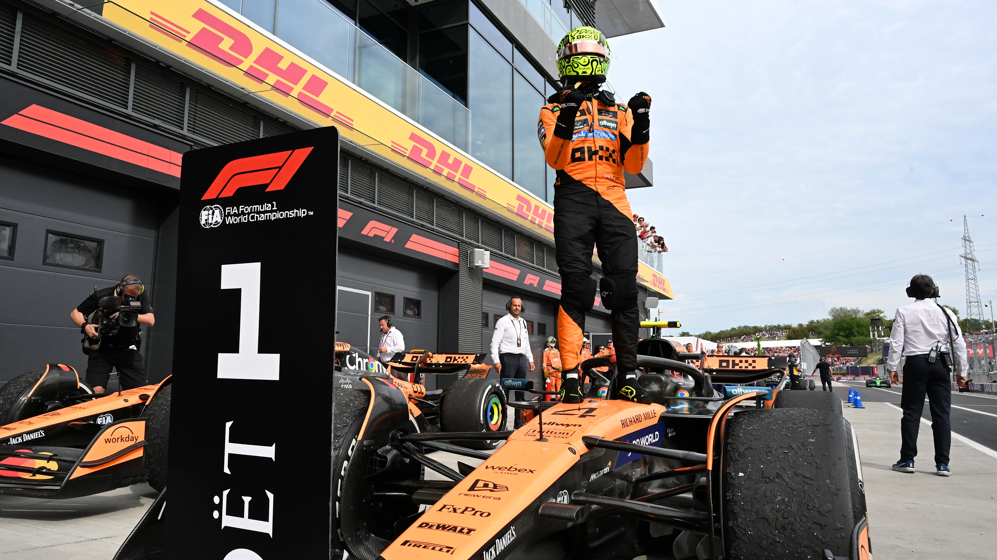 BUDAPEST, HUNGARY - AUGUST 03: Race winner Lando Norris of Great Britain and McLaren celebrates in