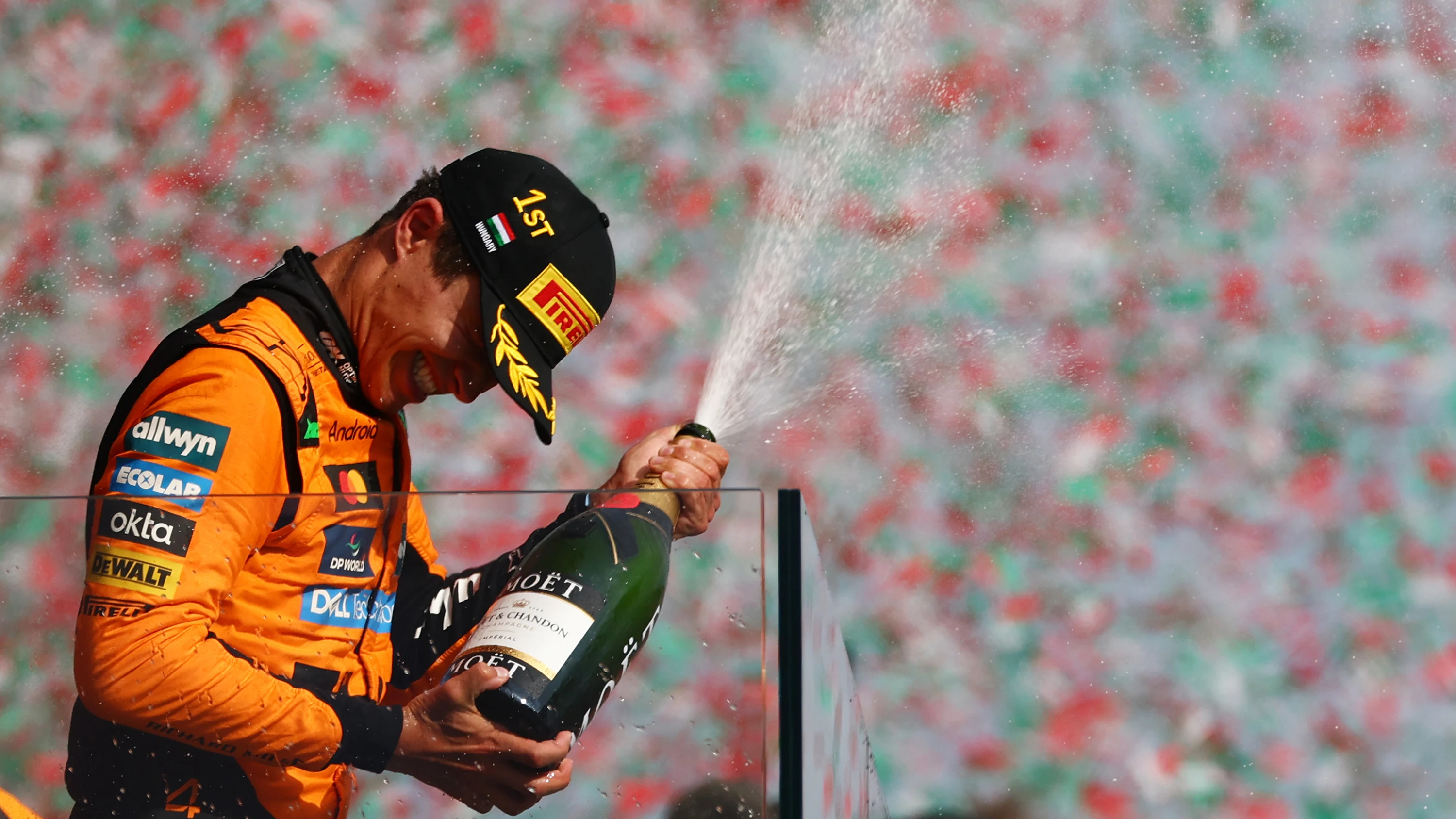 BUDAPEST, HUNGARY - AUGUST 03: Race winner Lando Norris of Great Britain and McLaren celebrates