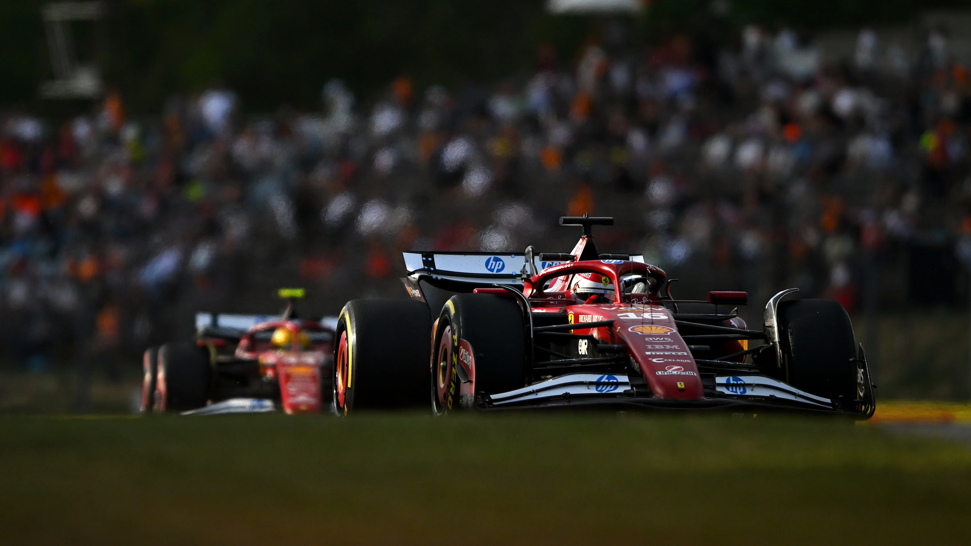 BUDAPEST, HUNGARY - AUGUST 01: Charles Leclerc of Monaco driving the (16) Scuderia Ferrari SF-25 leads Lewis Hamilton of Great Britain driving the (44) Scuderia Ferrari SF-25 on track during practice ahead of the F1 Grand Prix of Hungary at Hungaroring on August 01, 2025 in Budapest, Hungary. (Photo by Rudy Carezzevoli/Getty Images)