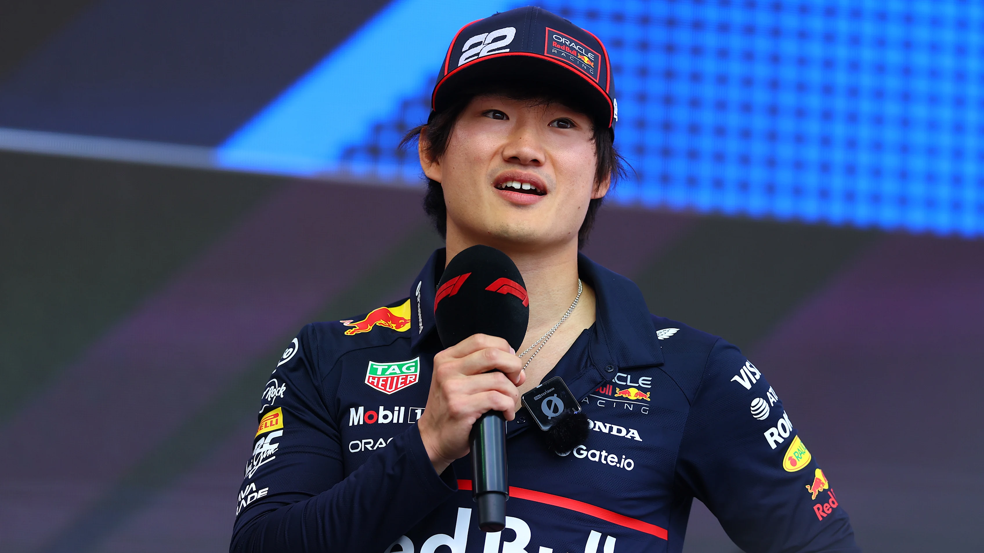 BUDAPEST, HUNGARY - AUGUST 02: Yuki Tsunoda of Japan and Oracle Red Bull Racing on stage during