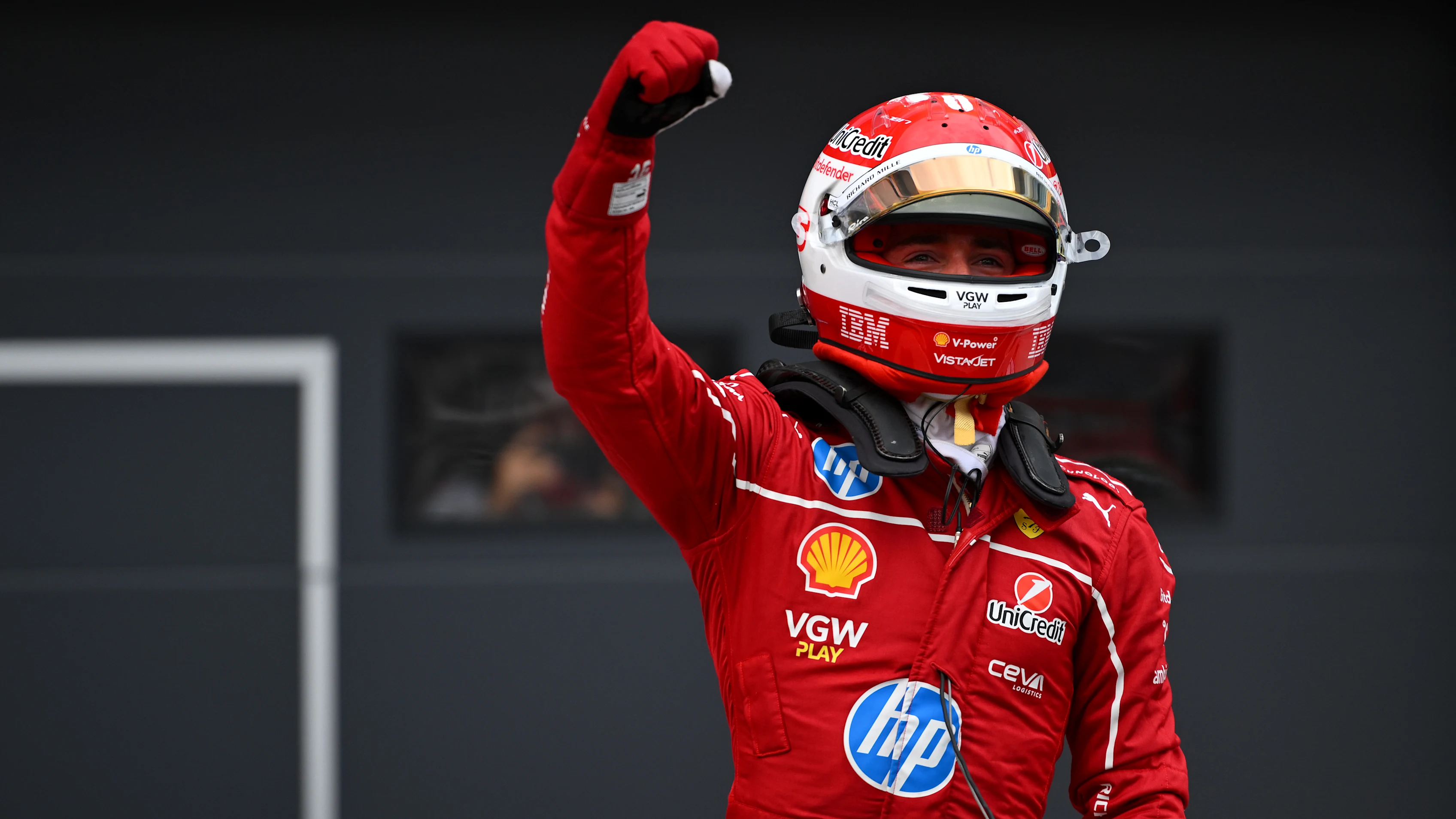 BUDAPEST, HUNGARY - AUGUST 02: Pole position qualifier Charles Leclerc of Monaco and Scuderia Ferrari celebrates on arrival in parc ferme during qualifying ahead of the F1 Grand Prix of Hungary at Hungaroring on August 02, 2025 in Budapest, Hungary. (Photo by Rudy Carezzevoli/Getty Images)