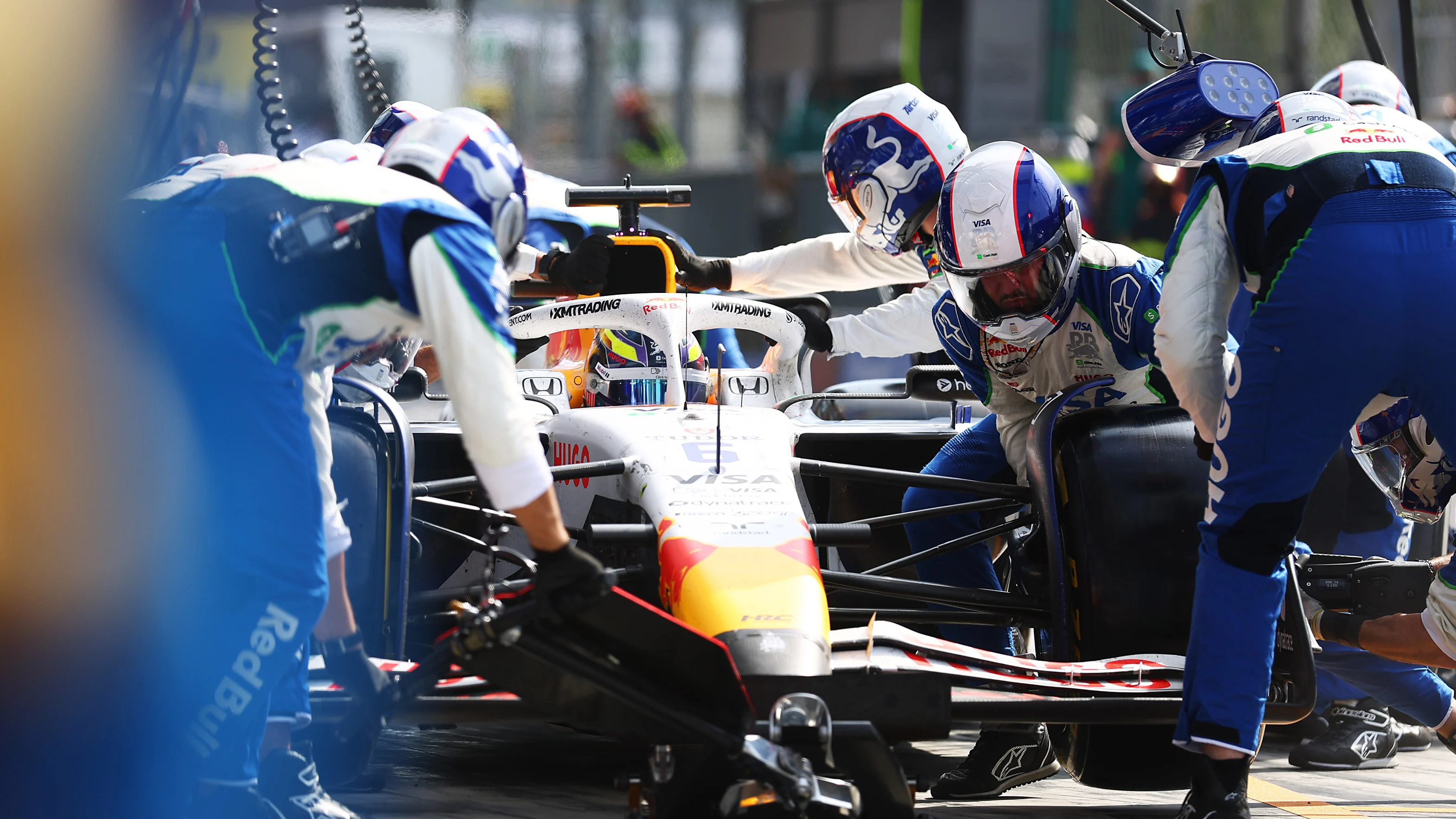 MONZA, ITALY - SEPTEMBER 07: Isack Hadjar of France driving the (6) Visa Cash App Racing Bulls VCARB 02 makes a pitstop during the F1 Grand Prix of Italy at Autodromo Nazionale Monza on September 07, 2025 in Monza, Italy. (Photo by Peter Fox/Getty Images)
