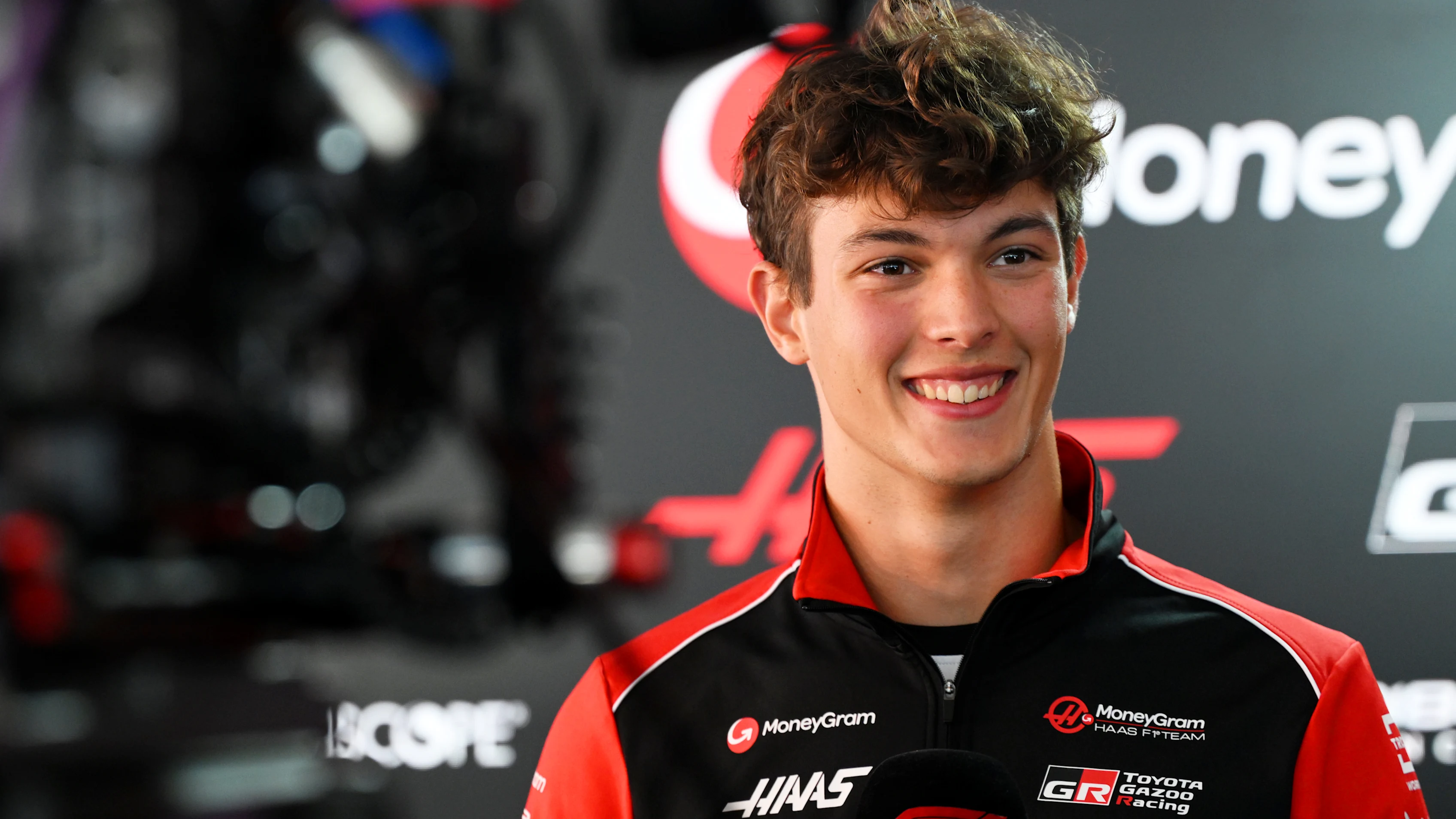 MONZA, ITALY - SEPTEMBER 04: Oliver Bearman of Great Britain and Haas F1 talks to the media during