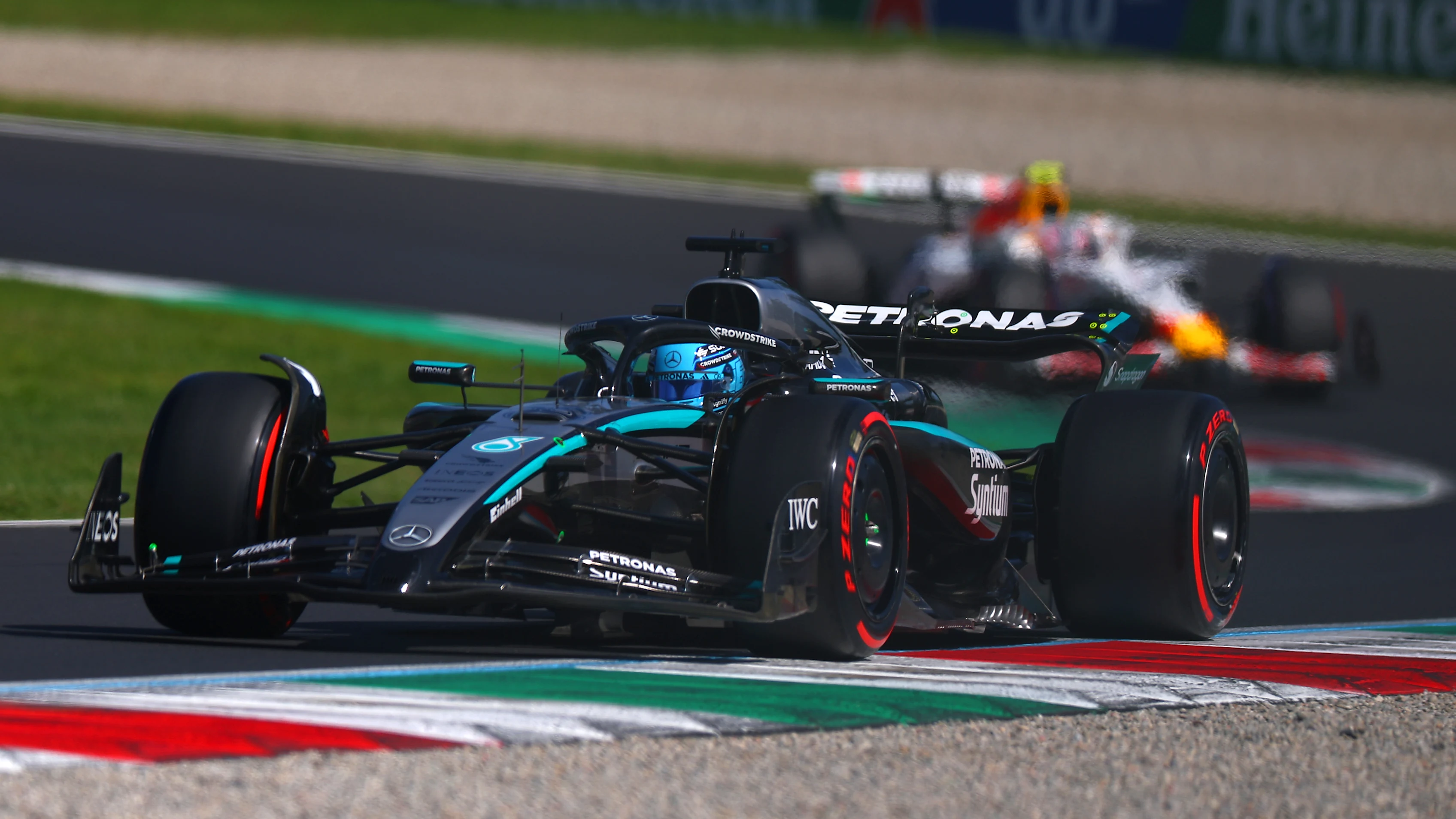 MONZA, ITALY - SEPTEMBER 06: George Russell of Great Britain driving the (63) Mercedes AMG Petronas F1 Team W16 on track during final practice ahead of the F1 Grand Prix of Italy at Autodromo Nazionale Monza on September 06, 2025 in Monza, Italy. (Photo by Bryn Lennon - Formula 1/Formula 1 via Getty Images)