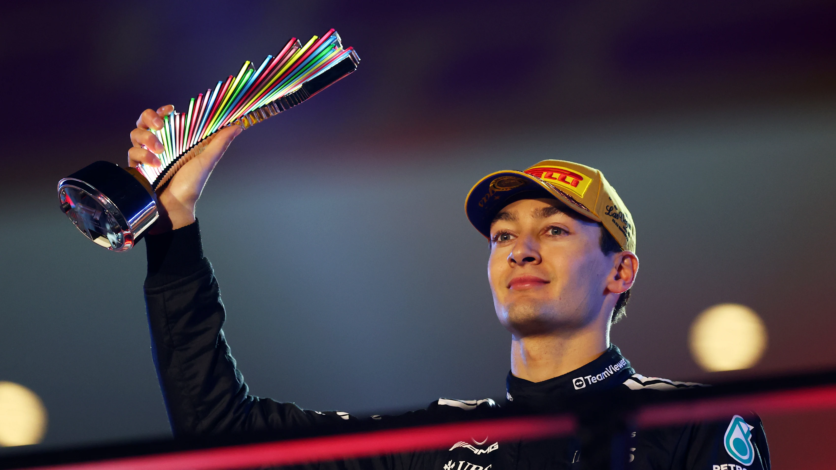 LAS VEGAS, NEVADA - NOVEMBER 22: Third placed George Russell of Great Britain and Mercedes AMG