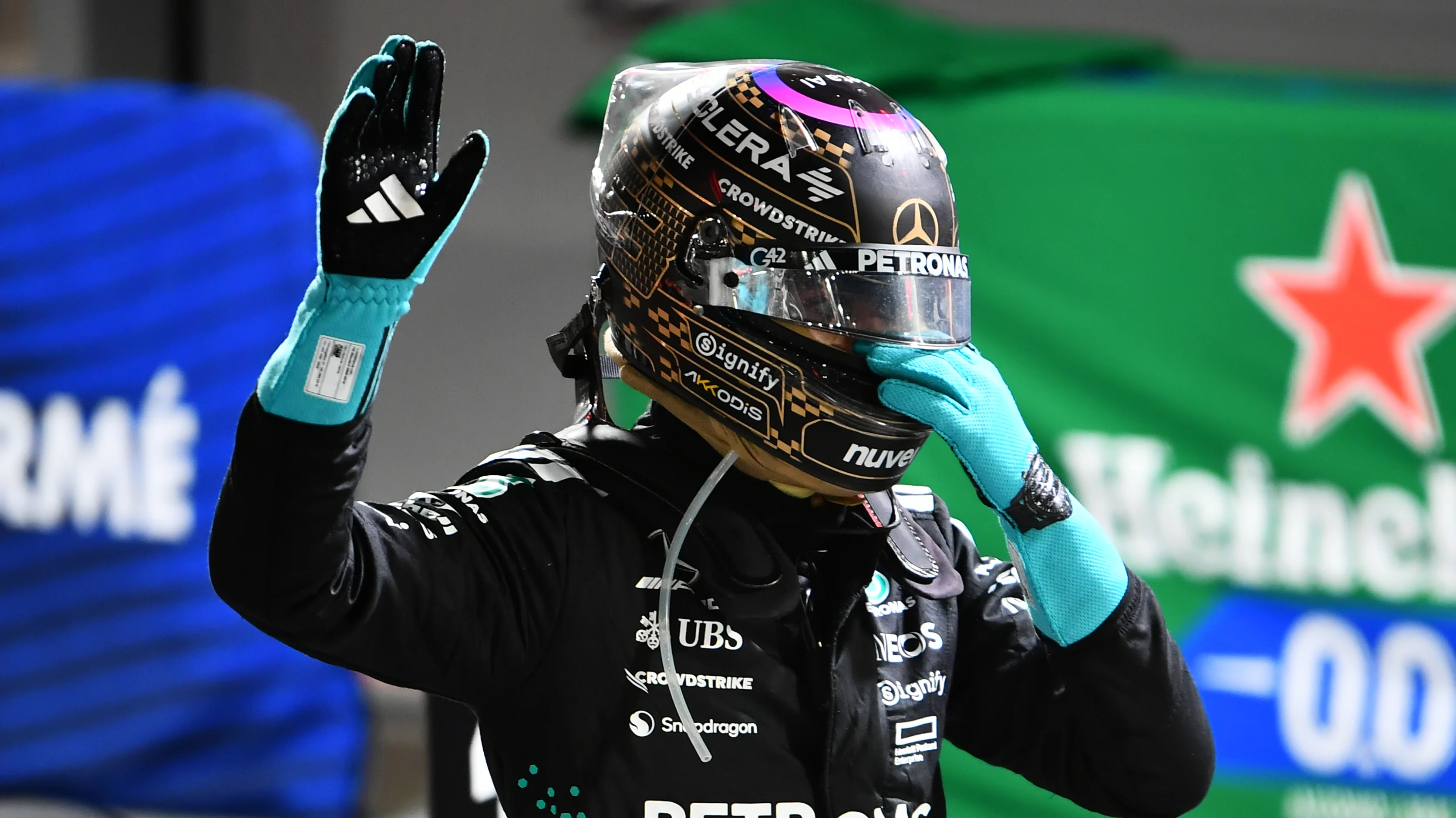 LAS VEGAS, NEVADA - NOVEMBER 22: Third placed George Russell of Great Britain and Mercedes AMG Petronas F1 Team celebrates on arrival in parc ferme during the F1 Grand Prix of Las Vegas at Las Vegas Strip Circuit on November 22, 2025 in Las Vegas, Nevada. (Photo by James Sutton - Formula 1/Formula 1 via Getty Images)