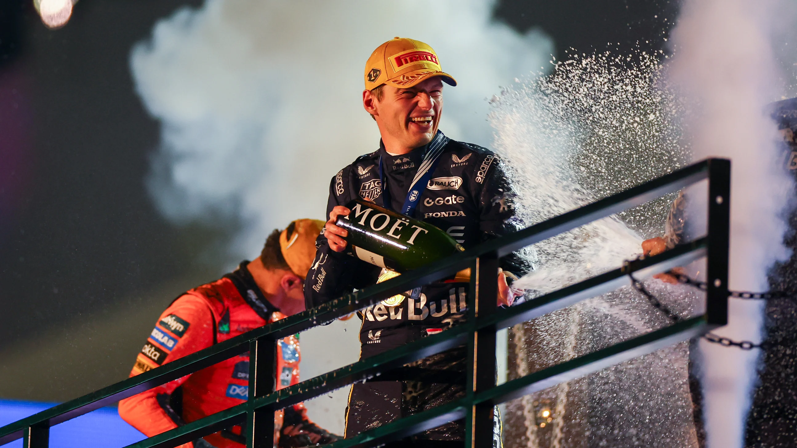 LAS VEGAS, NEVADA - NOVEMBER 22: Race winner Max Verstappen of the Netherlands and Oracle Red Bull