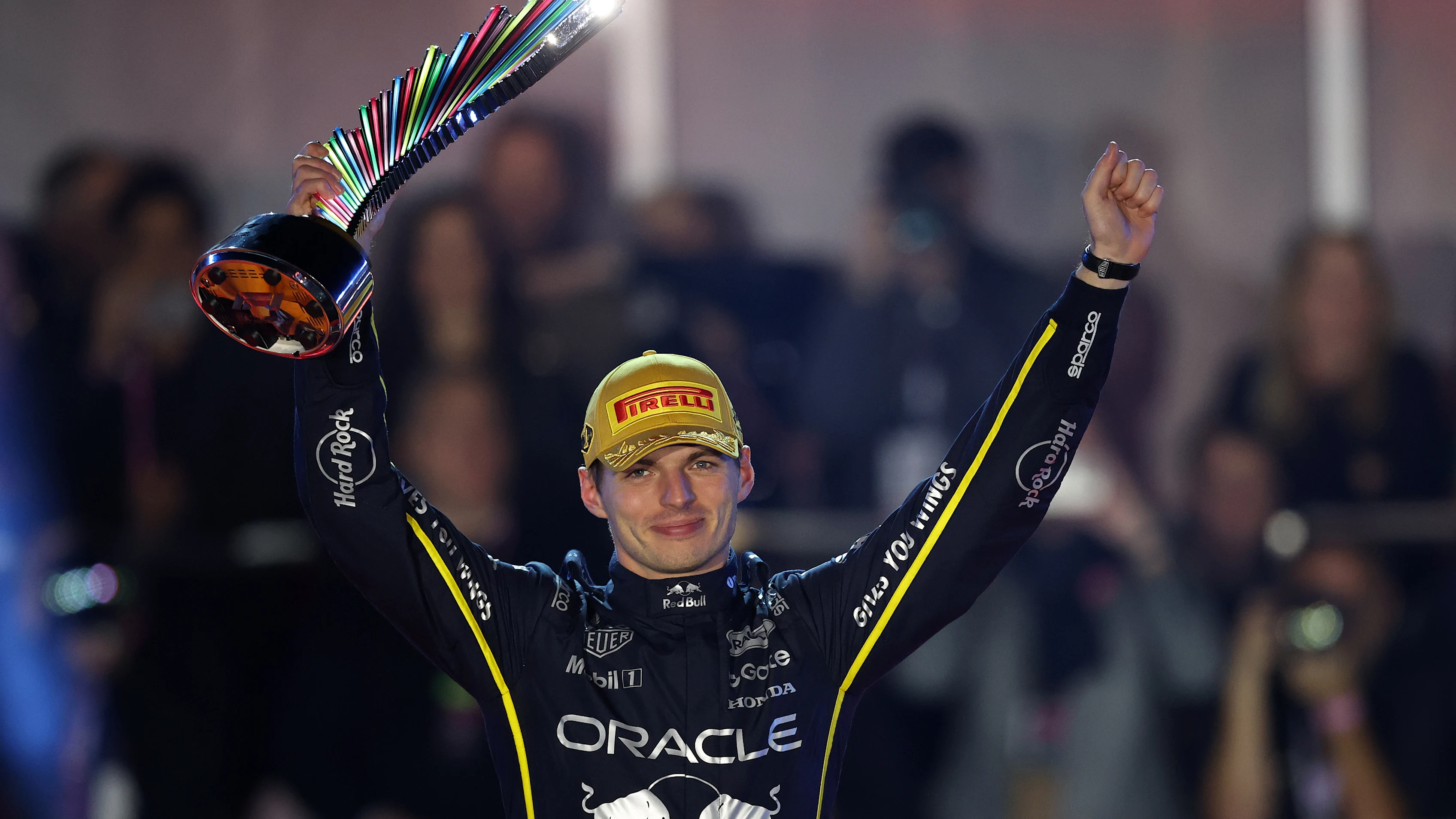 LAS VEGAS, NEVADA - NOVEMBER 22: Race winner Max Verstappen of the Netherlands and Oracle Red Bull