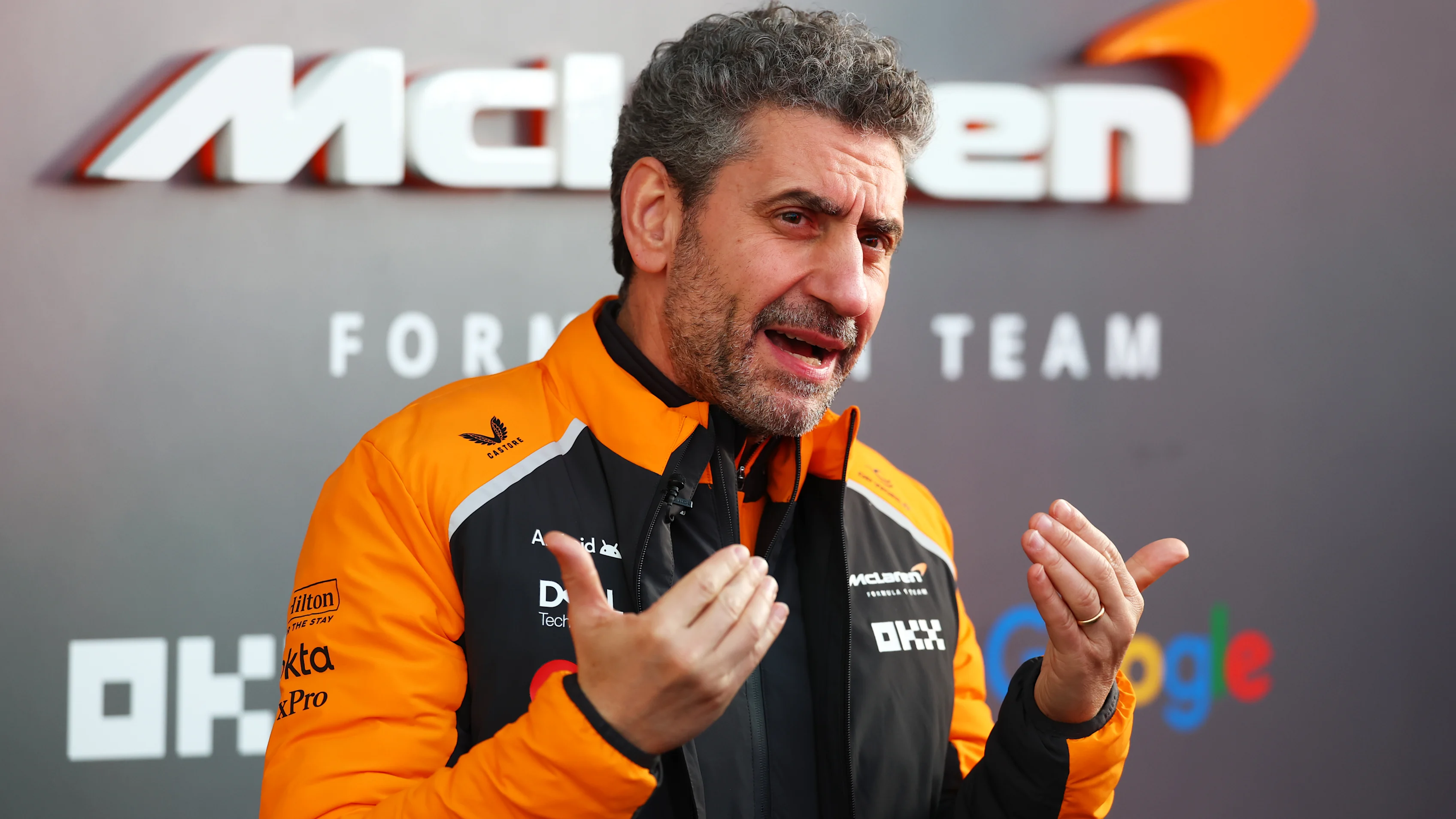 LAS VEGAS, NEVADA - NOVEMBER 19: Andrea Stella, Team Principal of McLaren talks to the media during